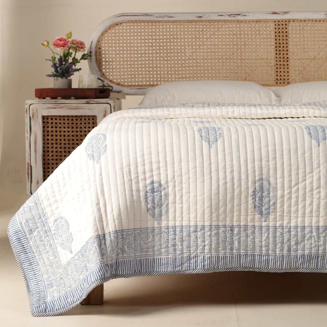 Cotton Quilt Handprinted In A Floral Pattern | Single Bed Size | Handmade In India - 60 x 90 inches / Cotton / Off-White/Light Blue