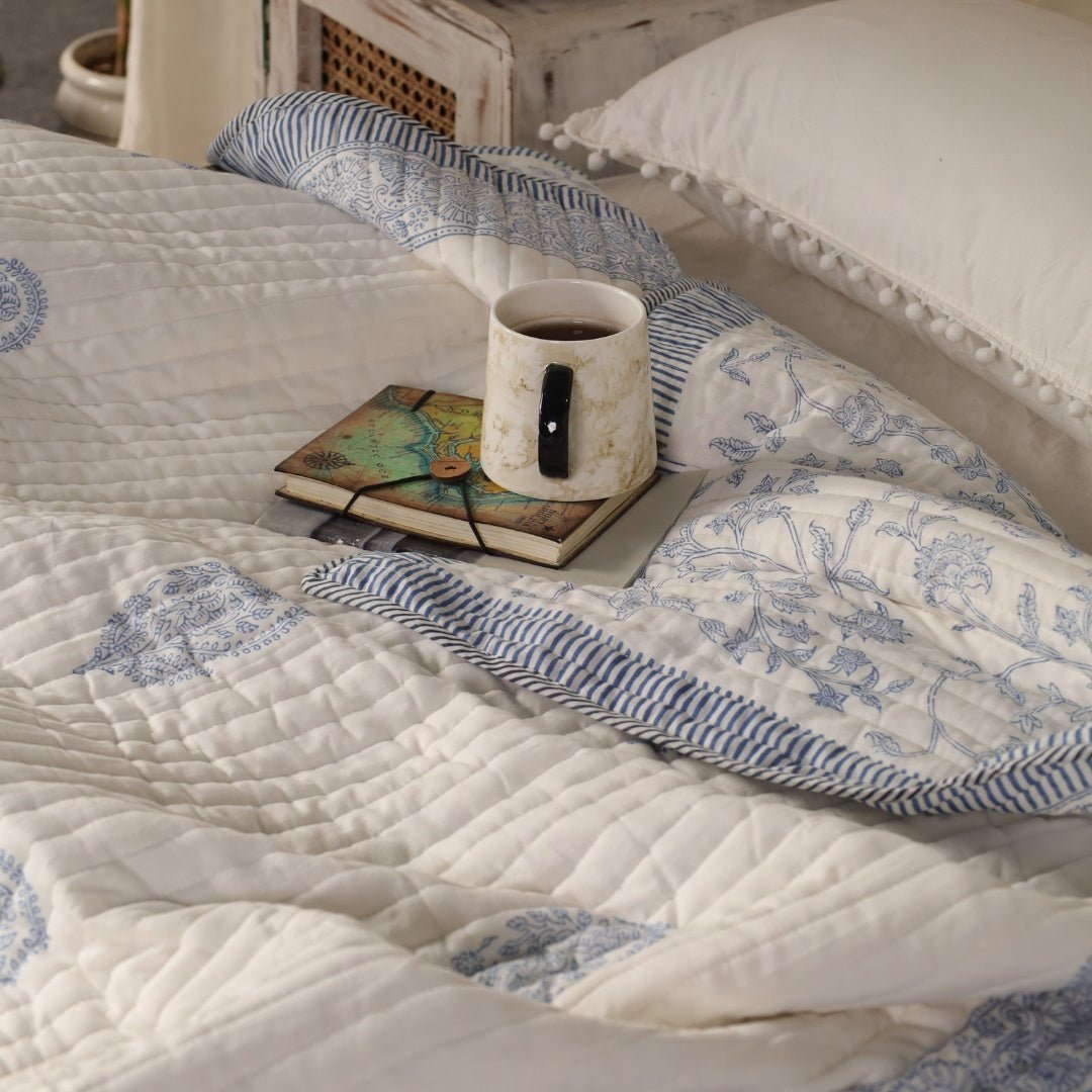 Cotton Quilt Handprinted In A Floral Pattern | Single Bed Size | Handmade In India - 60 x 90 inches / Cotton / Off-White/Light Blue