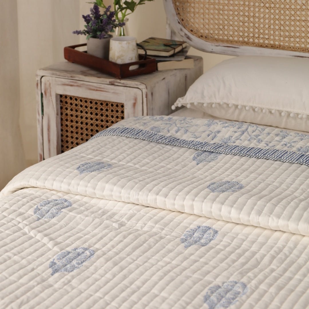 Cotton Quilt Handprinted In A Floral Pattern | Single Bed Size | Handmade In India - 60 x 90 inches / Cotton / Off-White/Light Blue