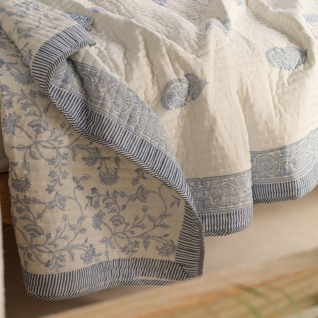Cotton Quilt Handprinted In A Floral Pattern | Single Bed Size | Handmade In India - 60 x 90 inches / Cotton / Off-White/Light Blue