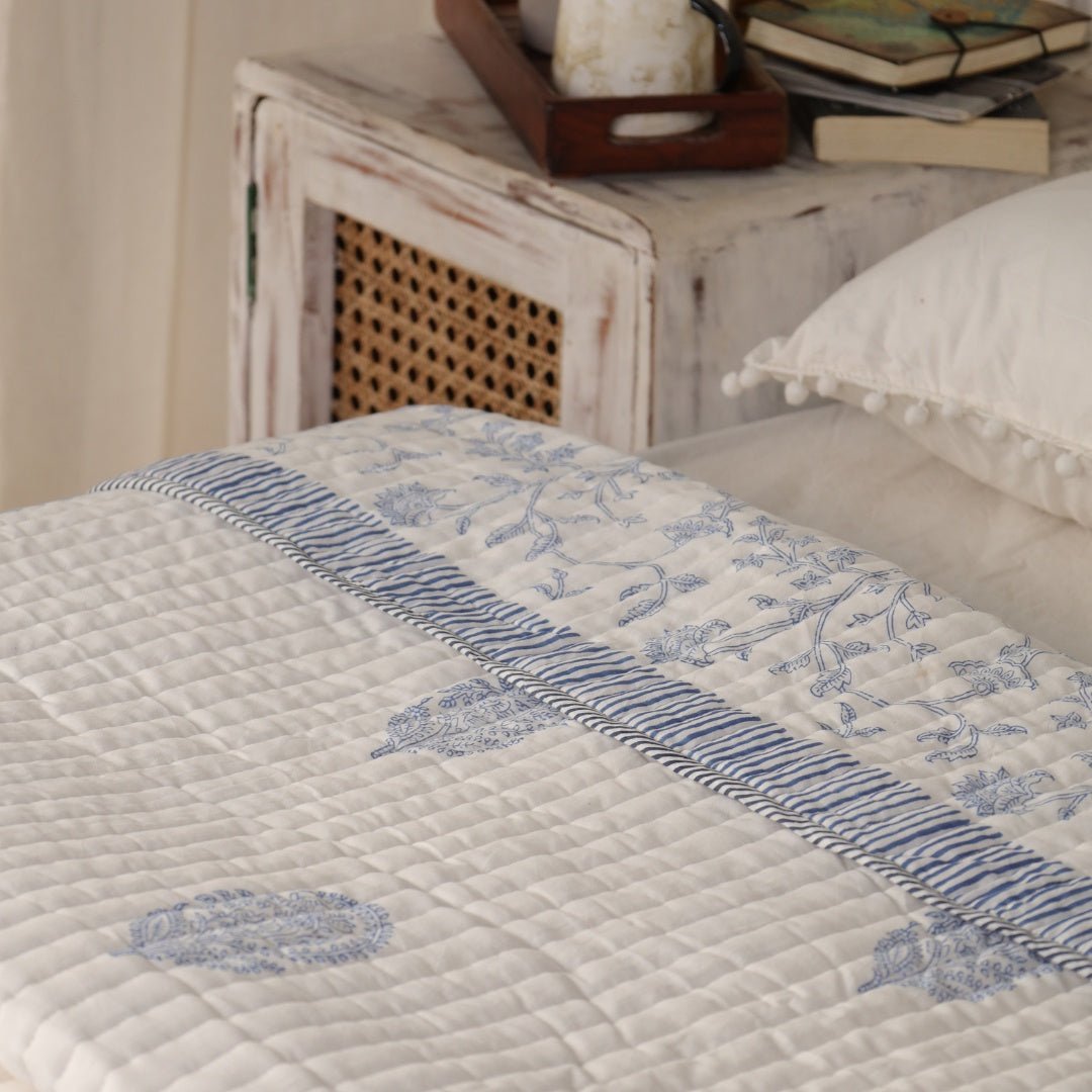 Cotton Quilt Handprinted In A Floral Pattern | Single Bed Size | Handmade In India - 60 x 90 inches / Cotton / Off-White/Light Blue