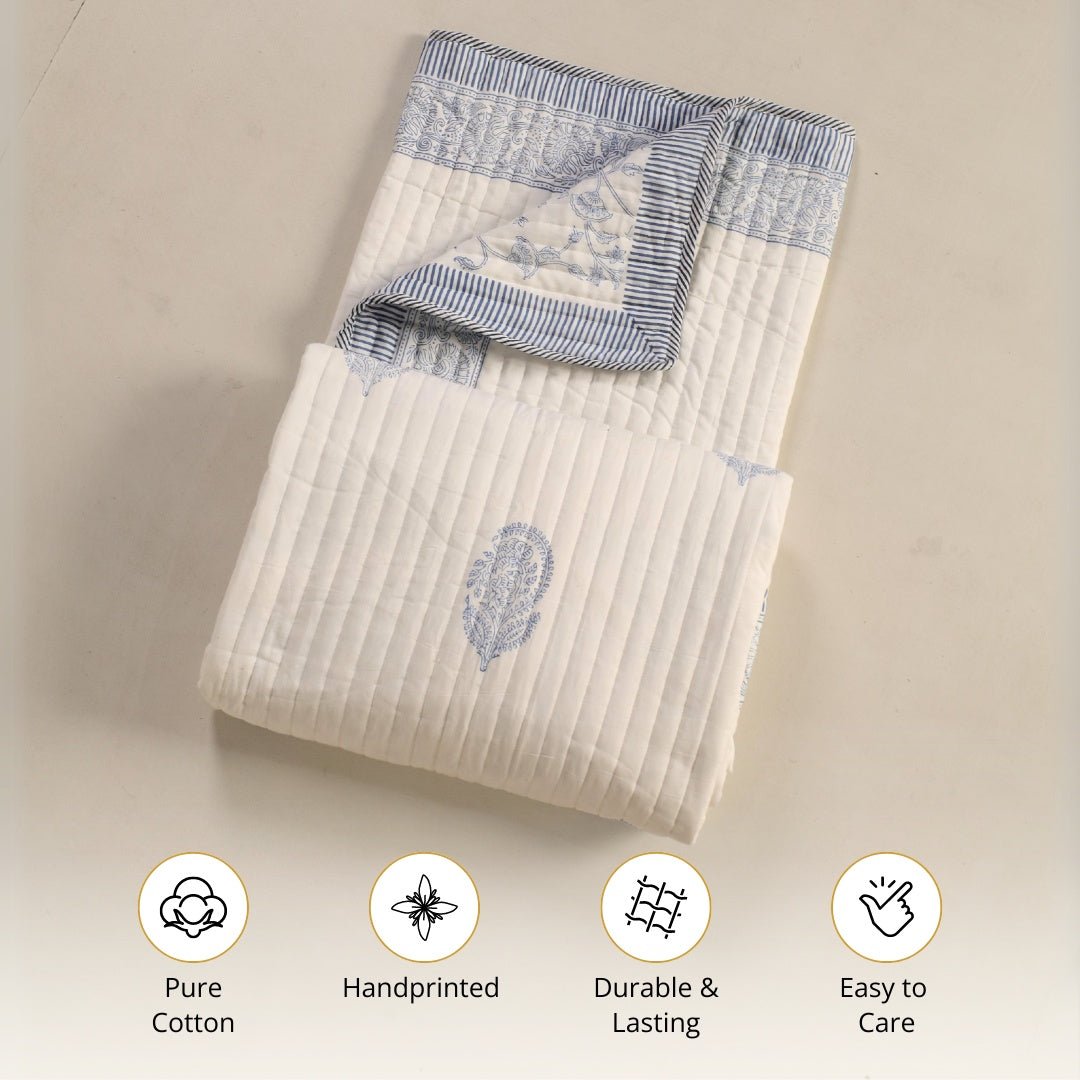 Cotton Quilt Handprinted In A Floral Pattern | Single Bed Size | Handmade In India - 60 x 90 inches / Cotton / Off-White/Light Blue