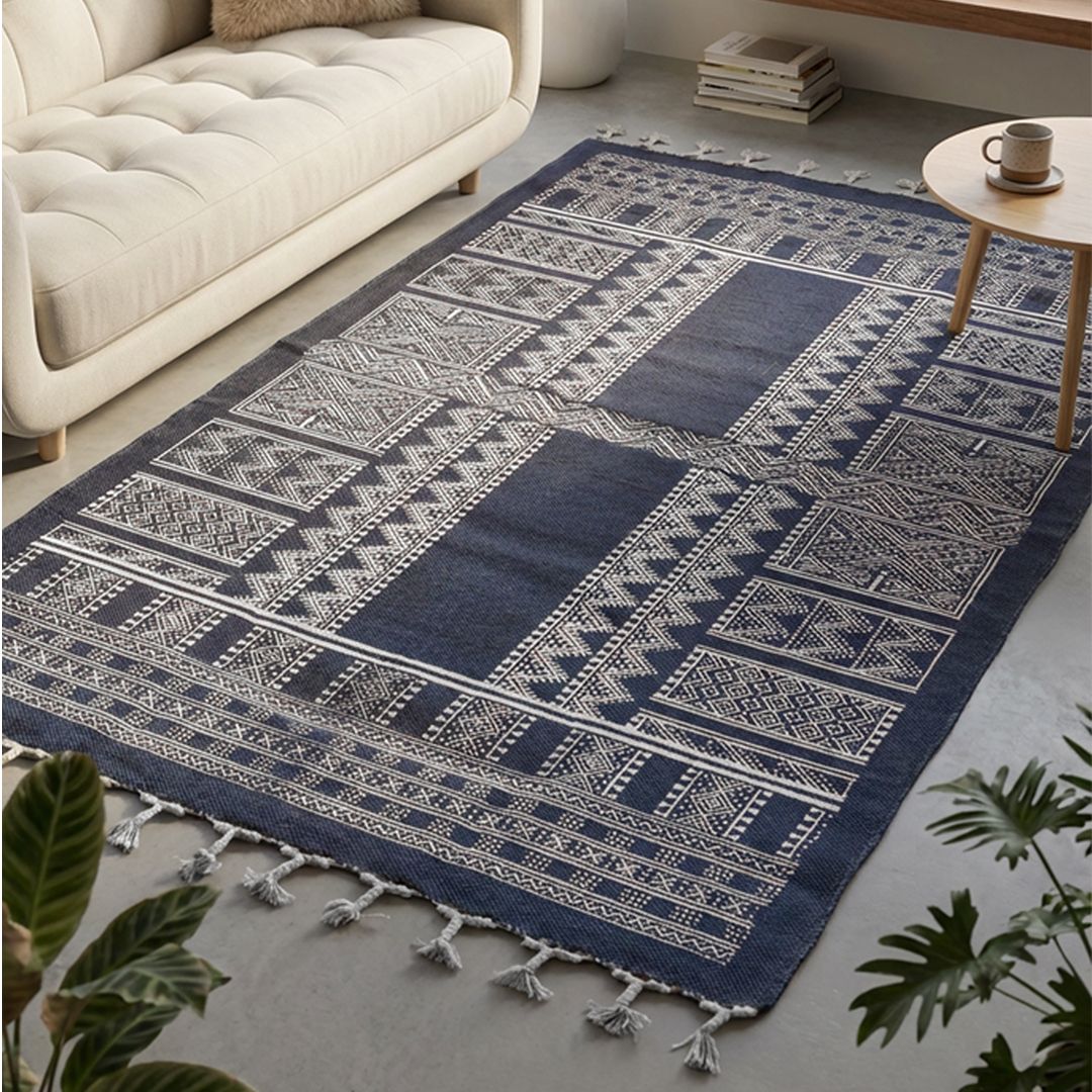 Blue Cotton Hand  Printed Living Room Rugs. Adds style to any room