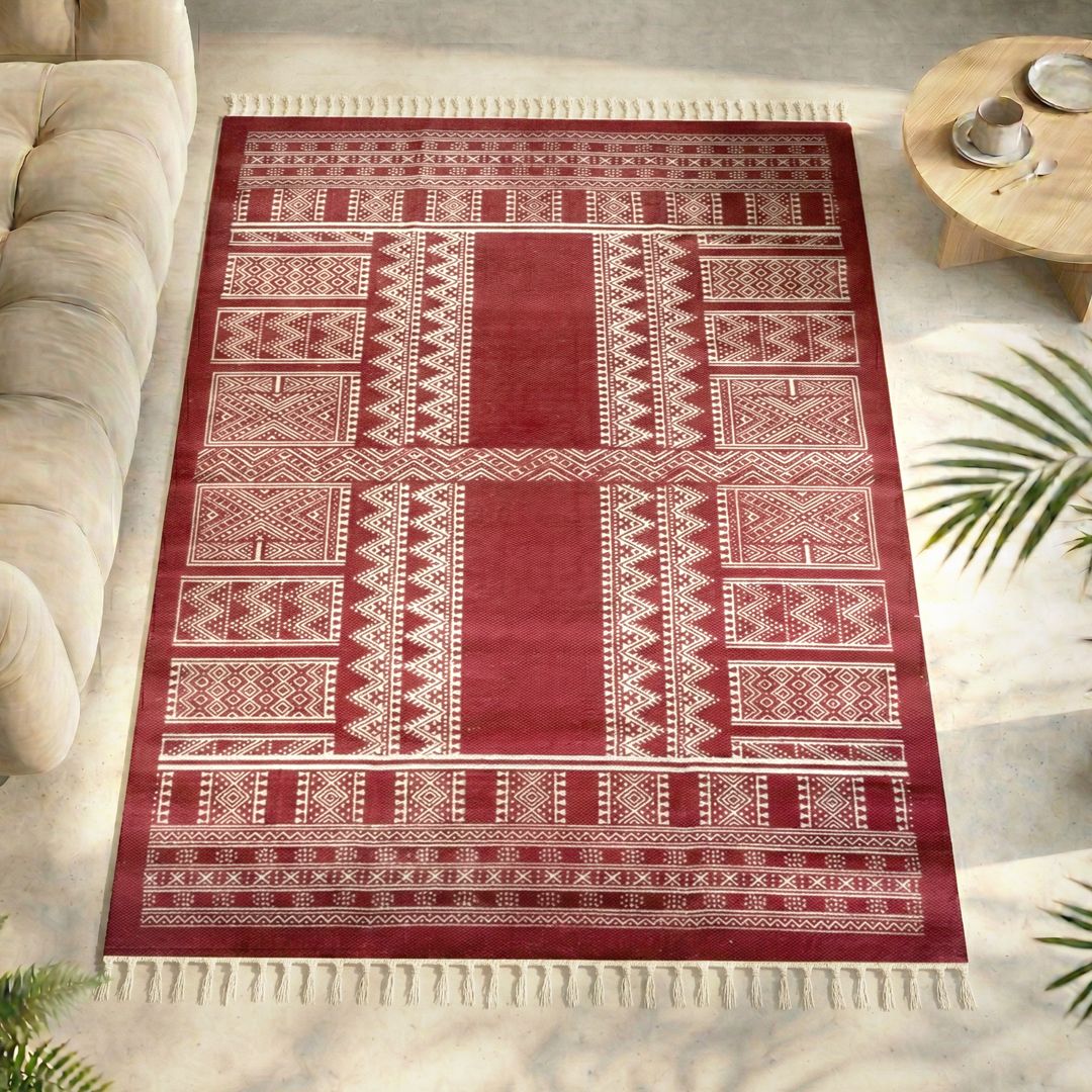 Handprinted Cotton Floor Rug for Living Room and Bedroom in Jaipuri Maroon| Soft Washable Rug