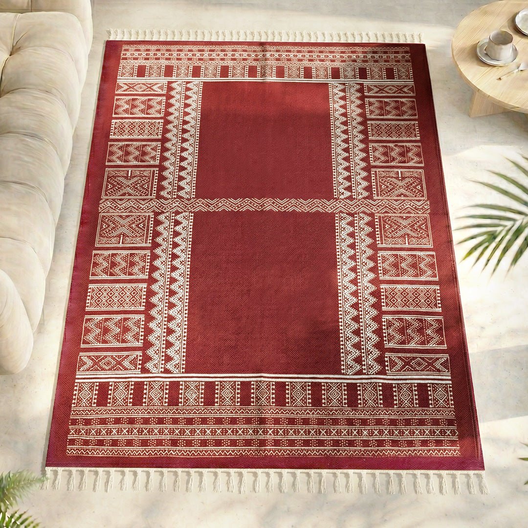 Handprinted Cotton Floor Rug for Living Room and Bedroom in Jaipuri Maroon| Soft Washable Rug