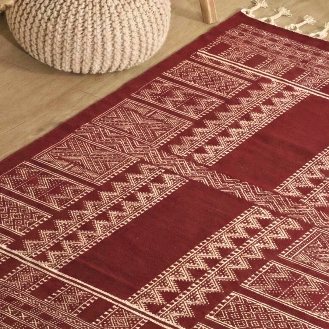 Handprinted Cotton Floor Rug for Living Room and Bedroom in Jaipuri Maroon| Soft Washable Rug