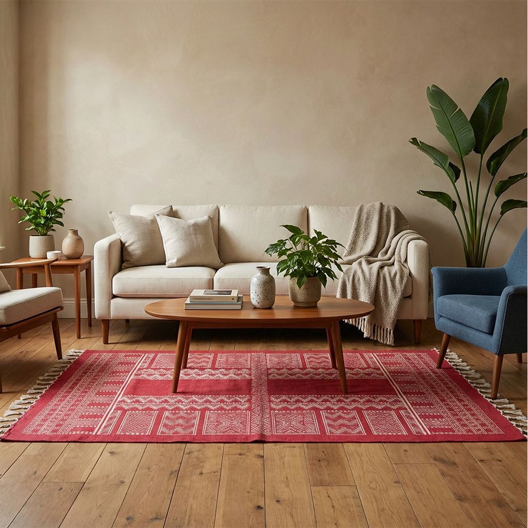 Cotton Floor Rug for Living Room and Bedroom handprinted in Jaipuri Maroon design| Soft Washable Area Rug