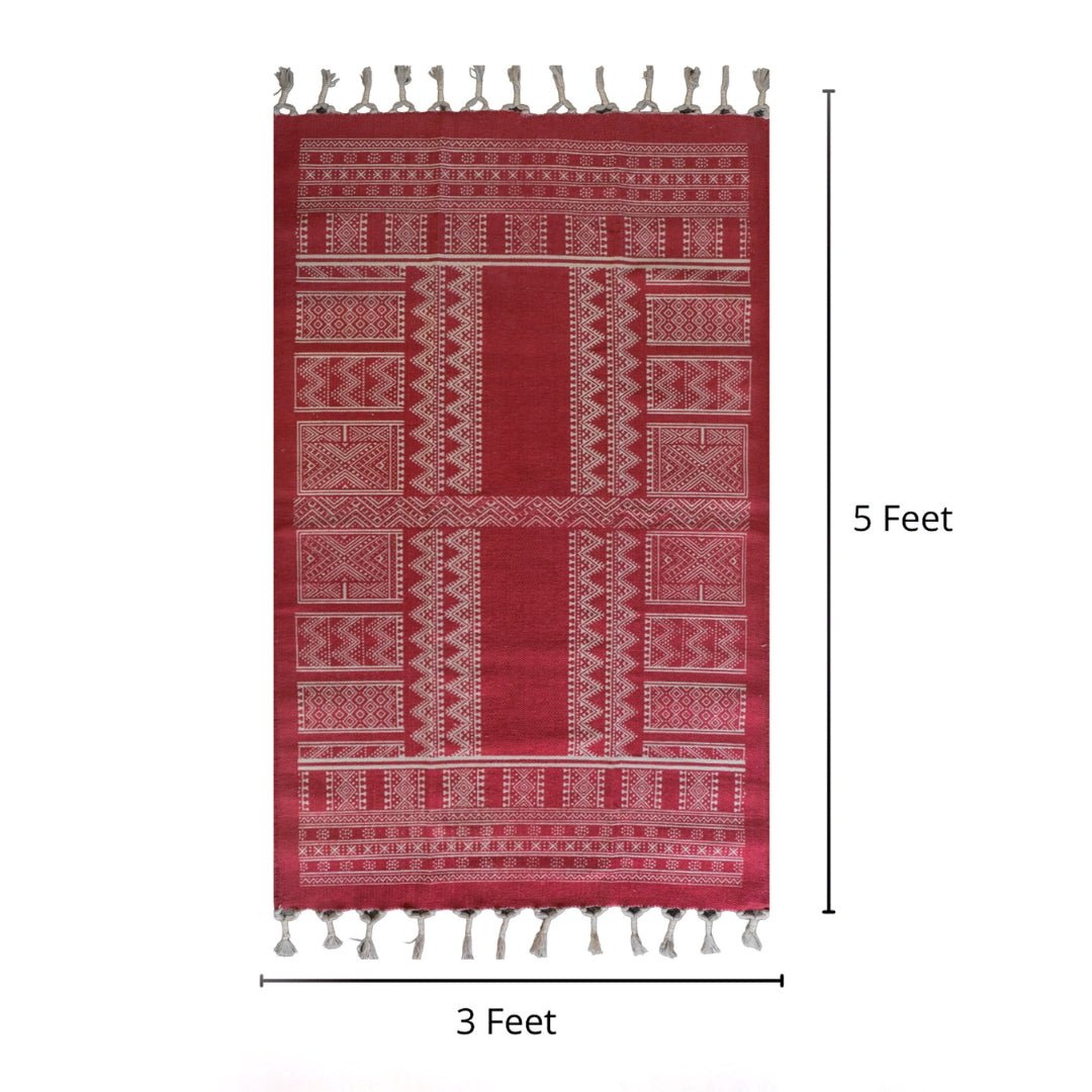 Handprinted Cotton Floor Rug for Living Room and Bedroom in Jaipuri Maroon| Soft Washable Rug