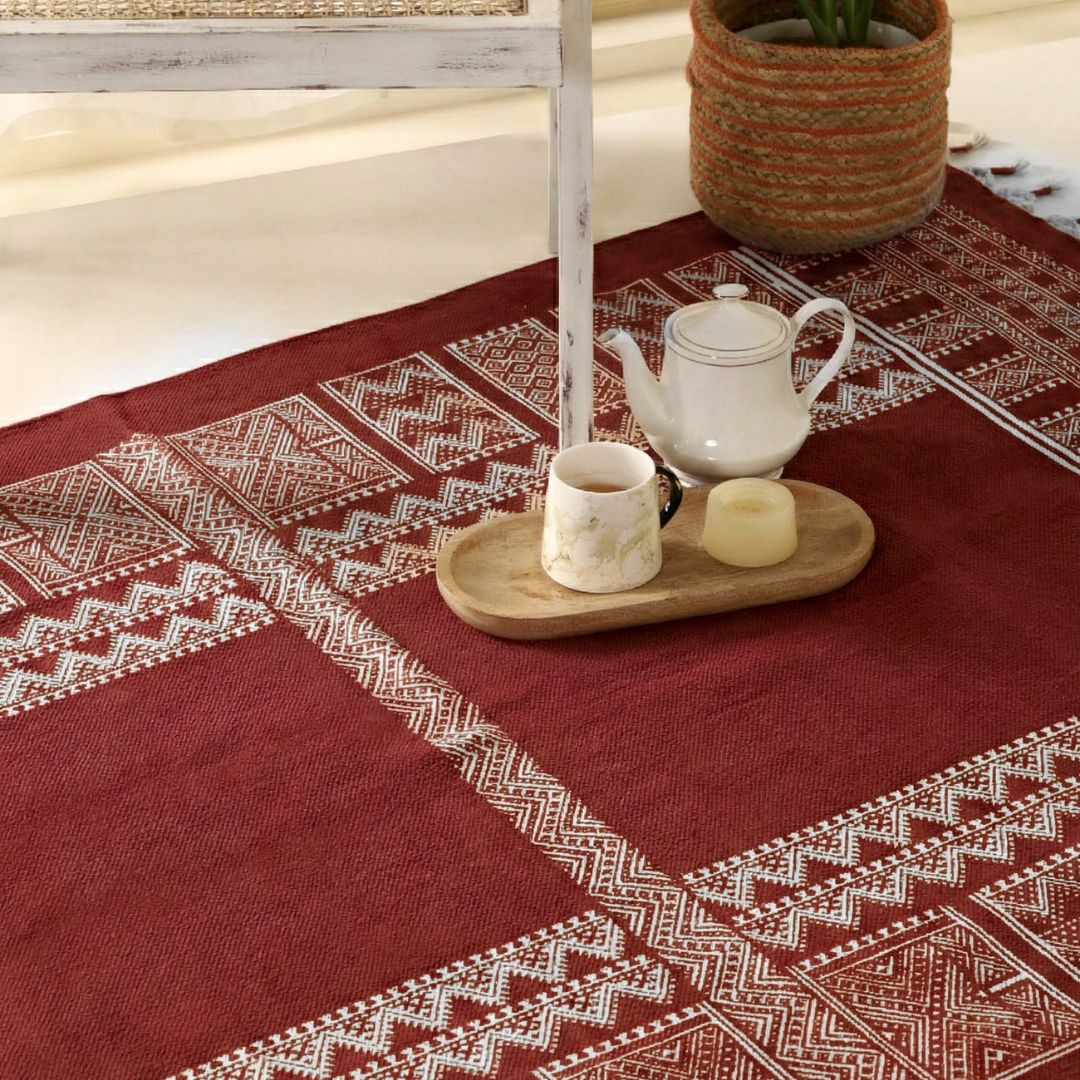 Handprinted Cotton Floor Rug for Living Room and Bedroom in Jaipuri Maroon| Soft Washable Rug
