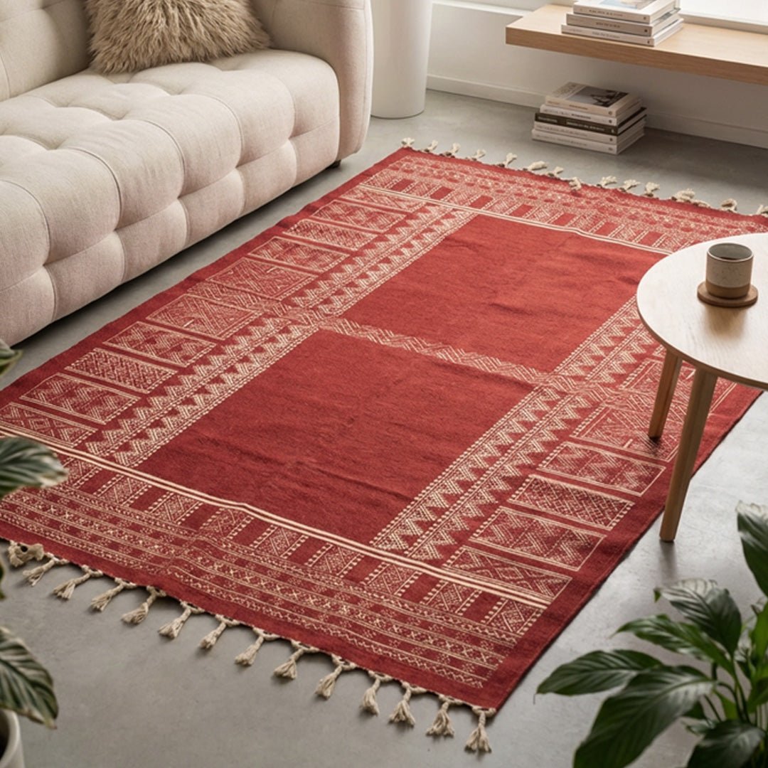 Cotton Floor Rug for Living Room and Bedroom handprinted in Jaipuri Maroon design| Soft Washable Area Rug