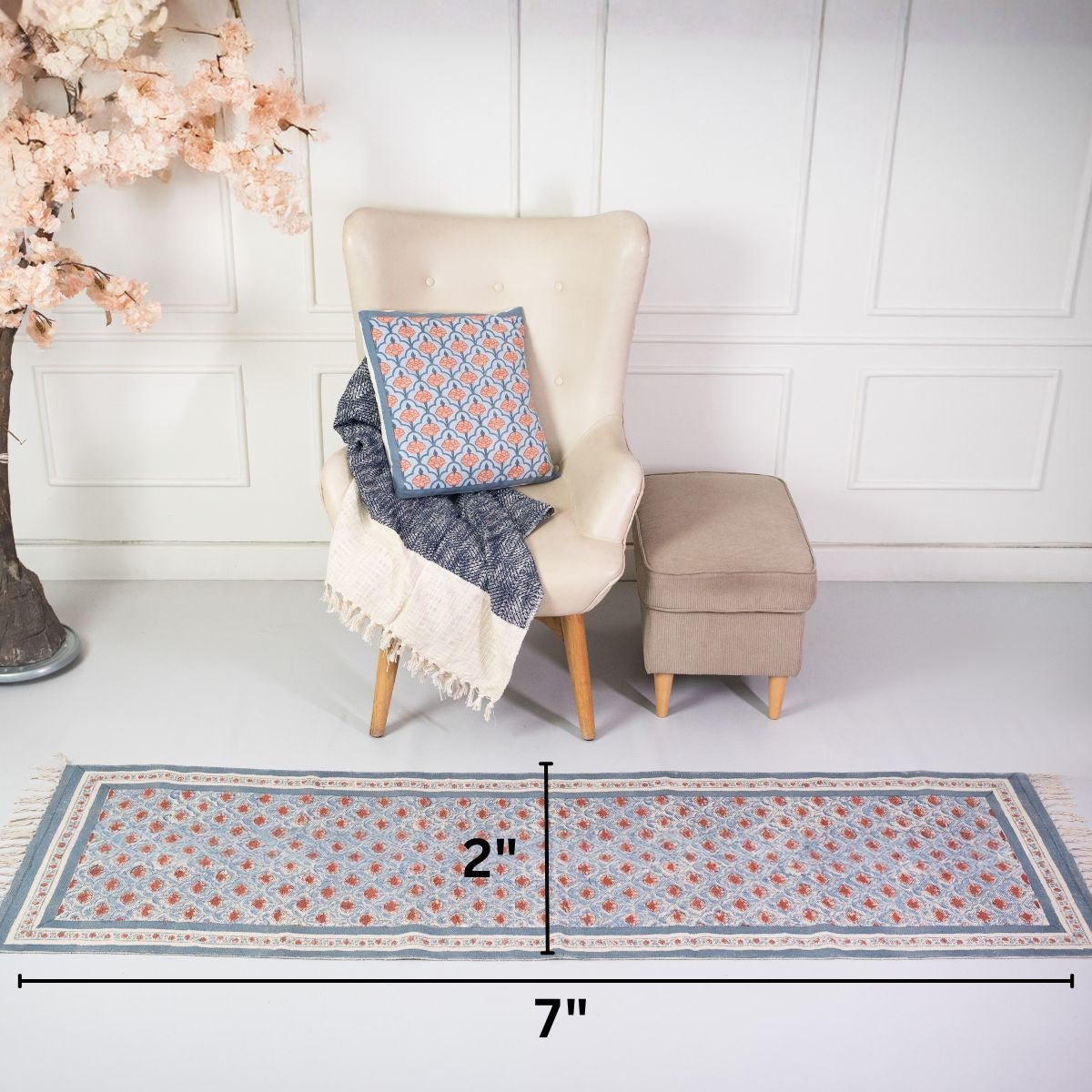 Hand block printed Cotton Floor Rug for Living Room and Bedroom  in Blue and Dusty Pink Colours with a Floral Design | Soft Washable Rug