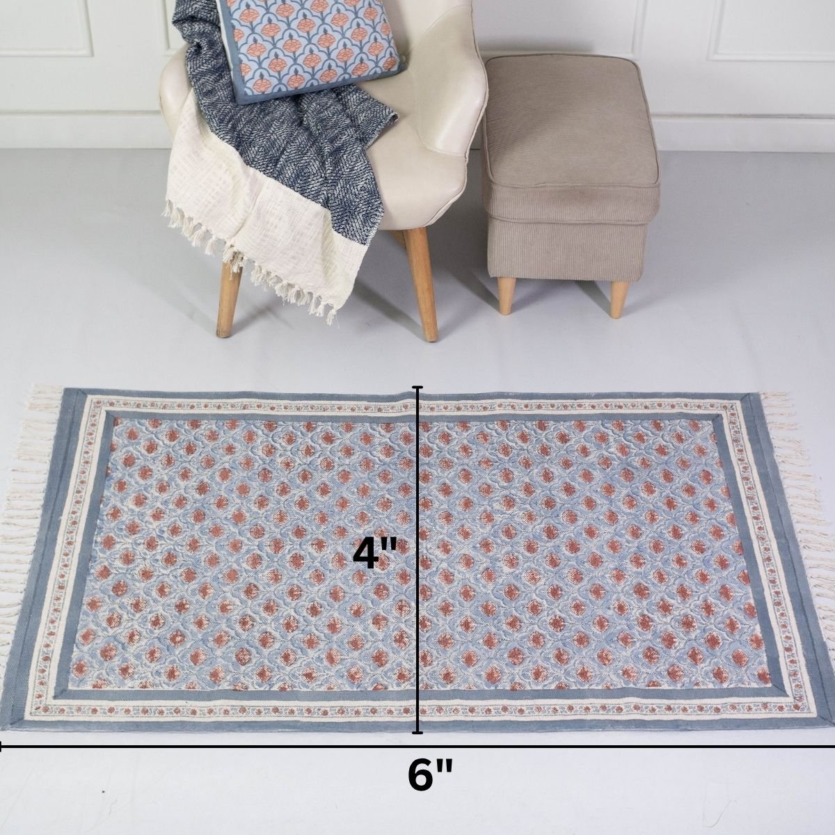 Hand block printed Cotton Floor Rug for Living Room and Bedroom  in Blue and Dusty Pink Colours with a Floral Design | Soft Washable Rug