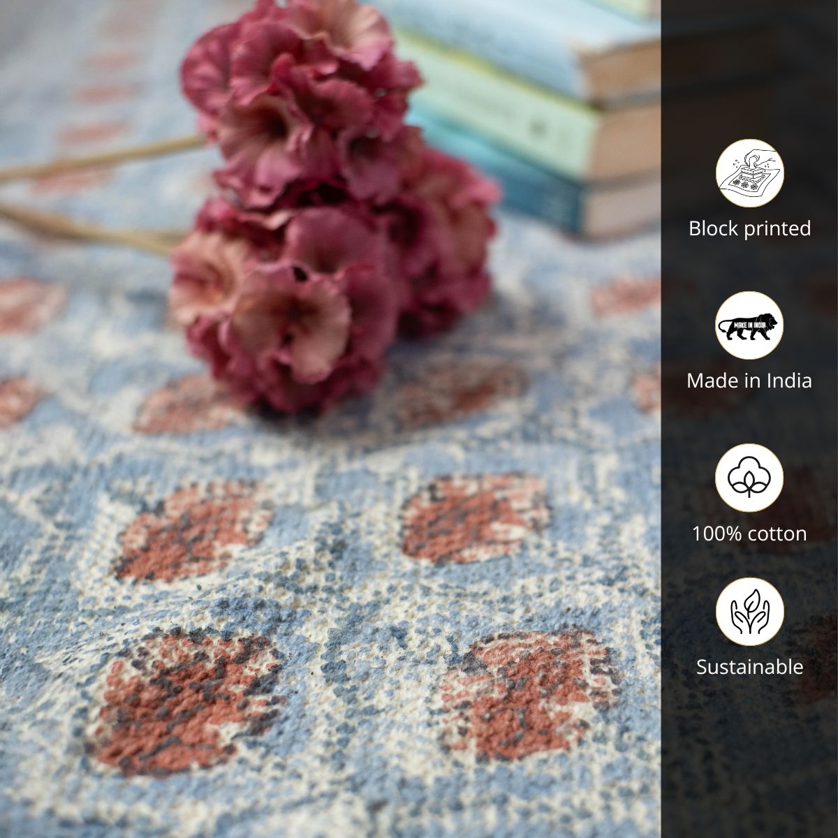 Hand block printed Cotton Floor Rug for Living Room and Bedroom  in Blue and Dusty Pink Colours with a Floral Design | Soft Washable Rug