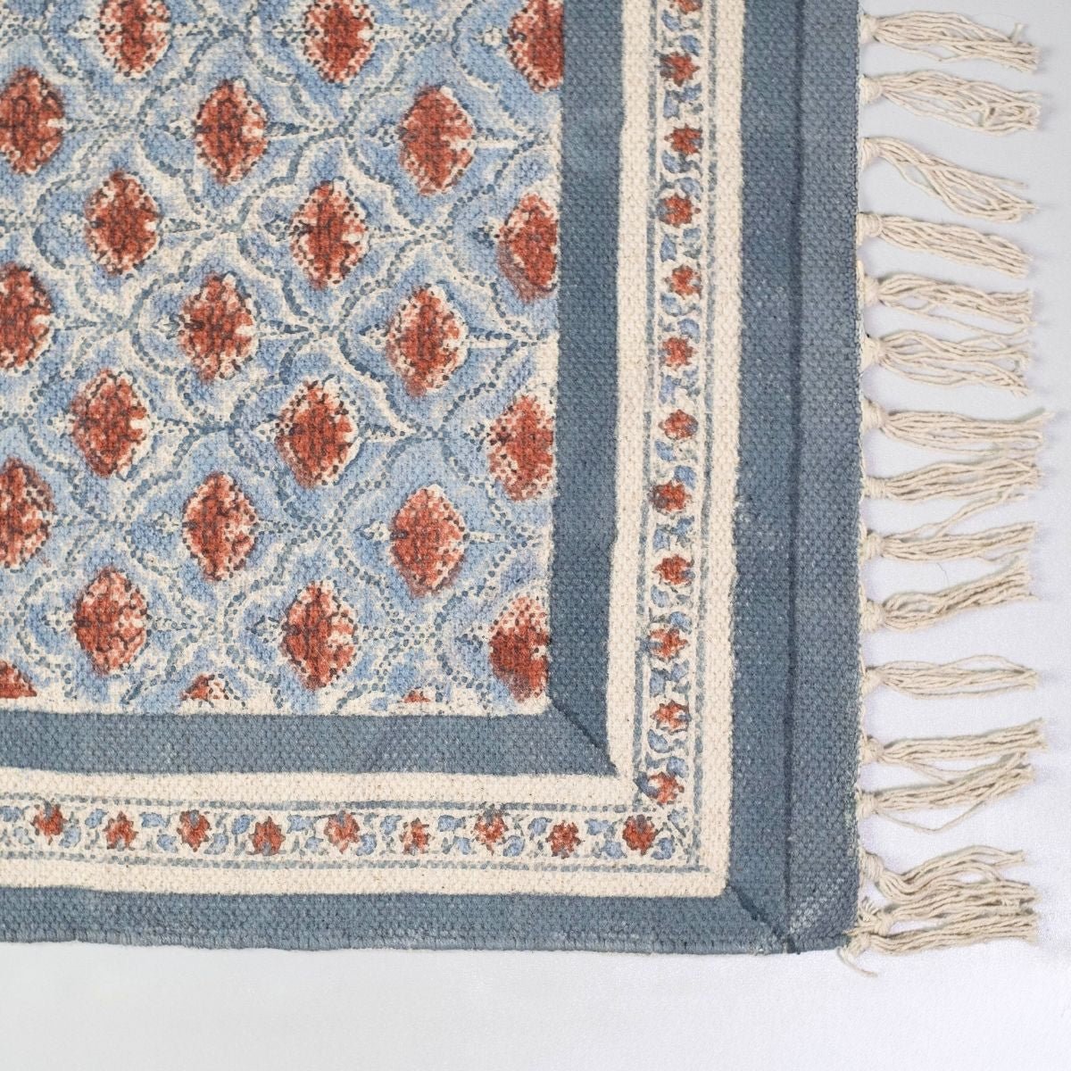 Hand block printed Cotton Floor Rug for Living Room and Bedroom  in Blue and Dusty Pink Colours with a Floral Design | Soft Washable Rug