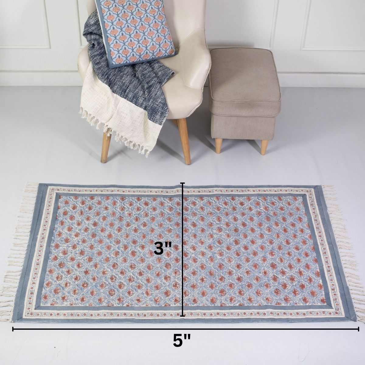 Hand block printed Cotton Floor Rug for Living Room and Bedroom  in Blue and Dusty Pink Colours with a Floral Design | Soft Washable Rug