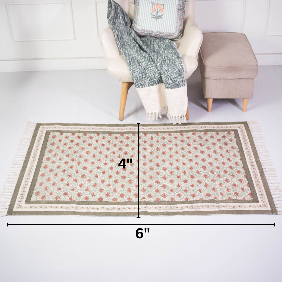 Hand block printed Cotton Floor Rug for Living Room and Bedroom  in Green and Dusty Pink Colours with a Floral Design | Soft Washable Rug