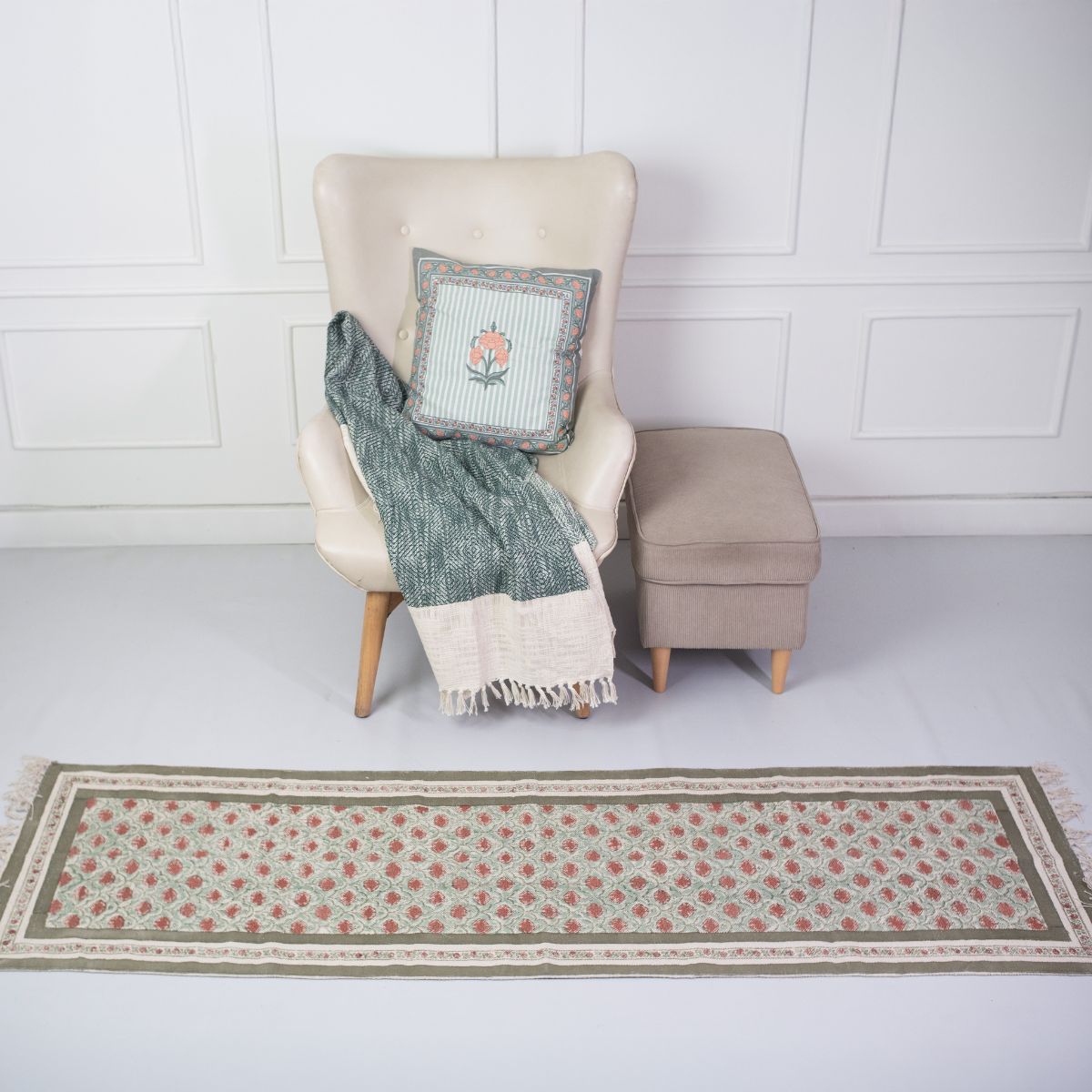 Hand block printed Cotton Floor Rug for Living Room and Bedroom  in Green and Dusty Pink Colours with a Floral Design | Soft Washable Rug