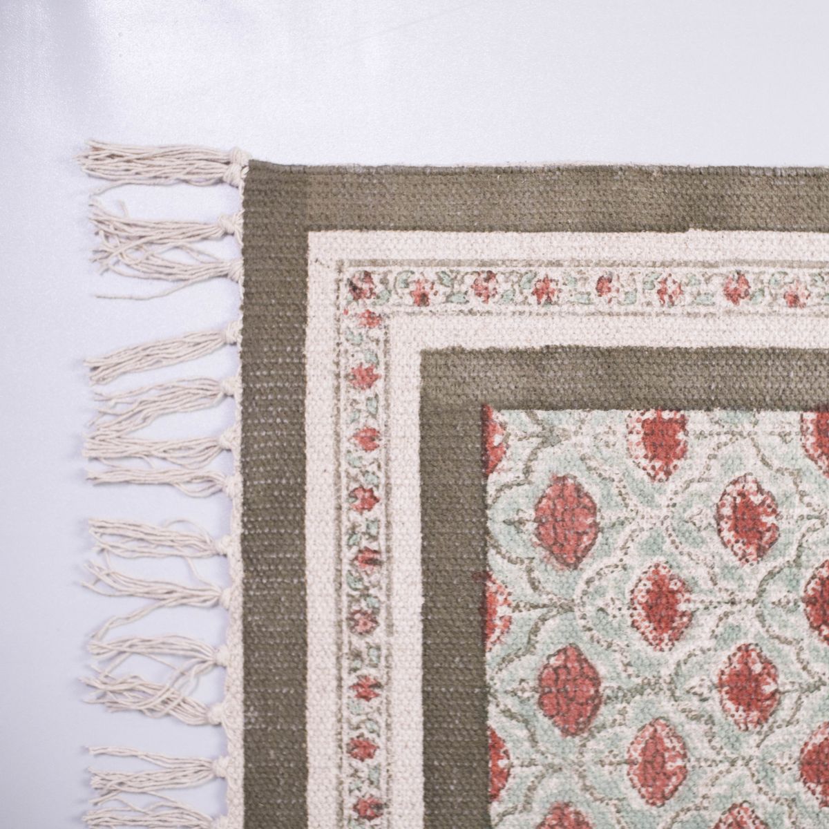 Hand block printed Cotton Floor Rug for Living Room and Bedroom  in Green and Dusty Pink Colours with a Floral Design | Soft Washable Rug
