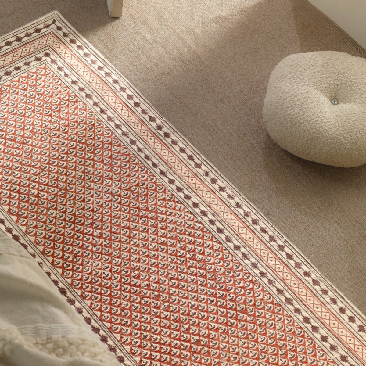 Handprinted Cotton Floor Rug for Living Room and Bedroom in Maroon and Black| Soft Washable Rug