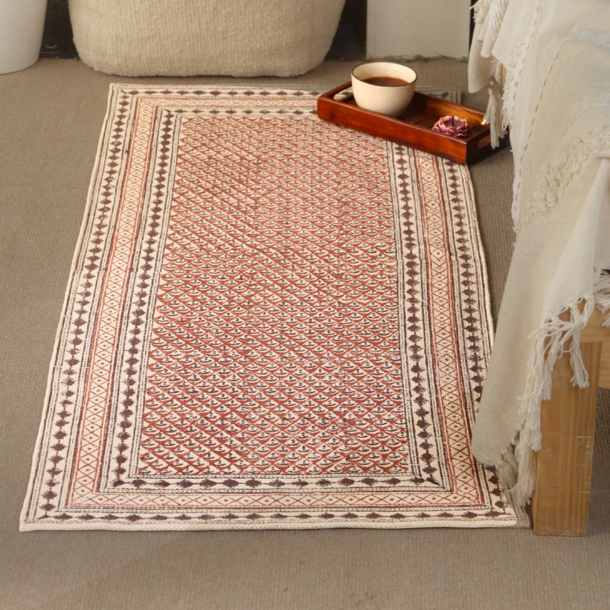 Handprinted Cotton Floor Rug for Living Room and Bedroom in Maroon and Black| Soft Washable Rug