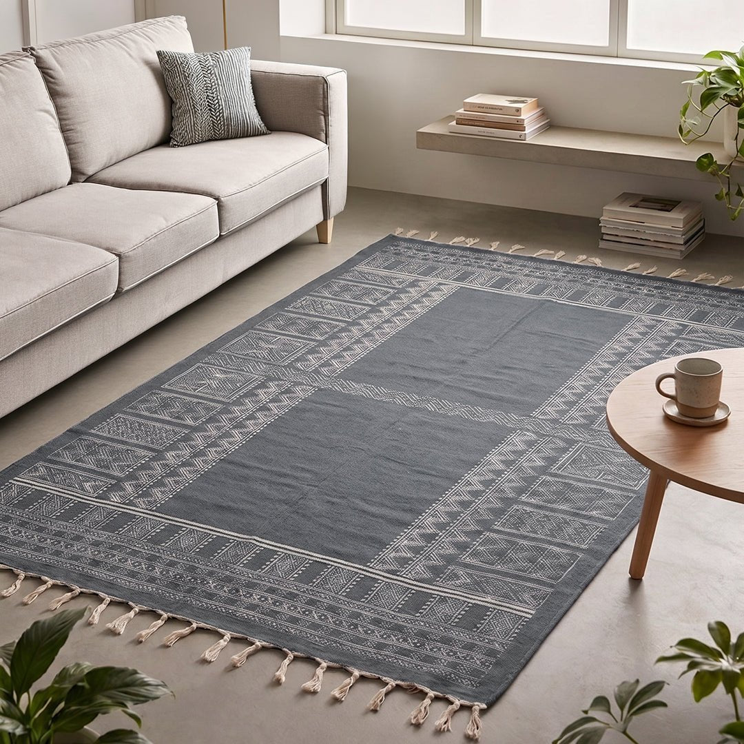 Handprinted Cotton Floor Rug for Living Room and Bedroom in Grey Colour| Soft Washable Rug