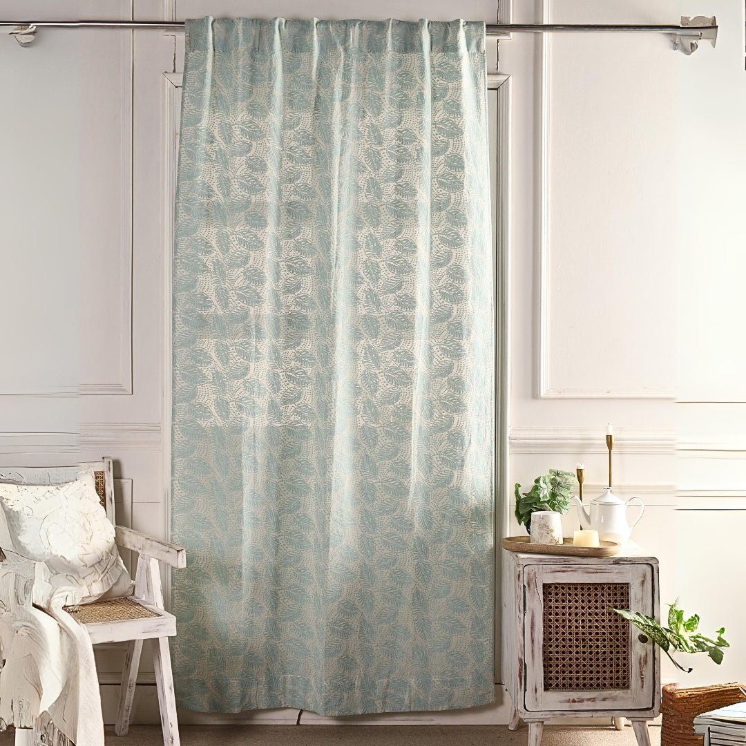 Cotton Semi Sheer Curtain | 5 Feet | Cutwork Summer Leaves Pattern | Handmade In India - 5 Feet / Pack Of 1 / Off White & Sky Blue