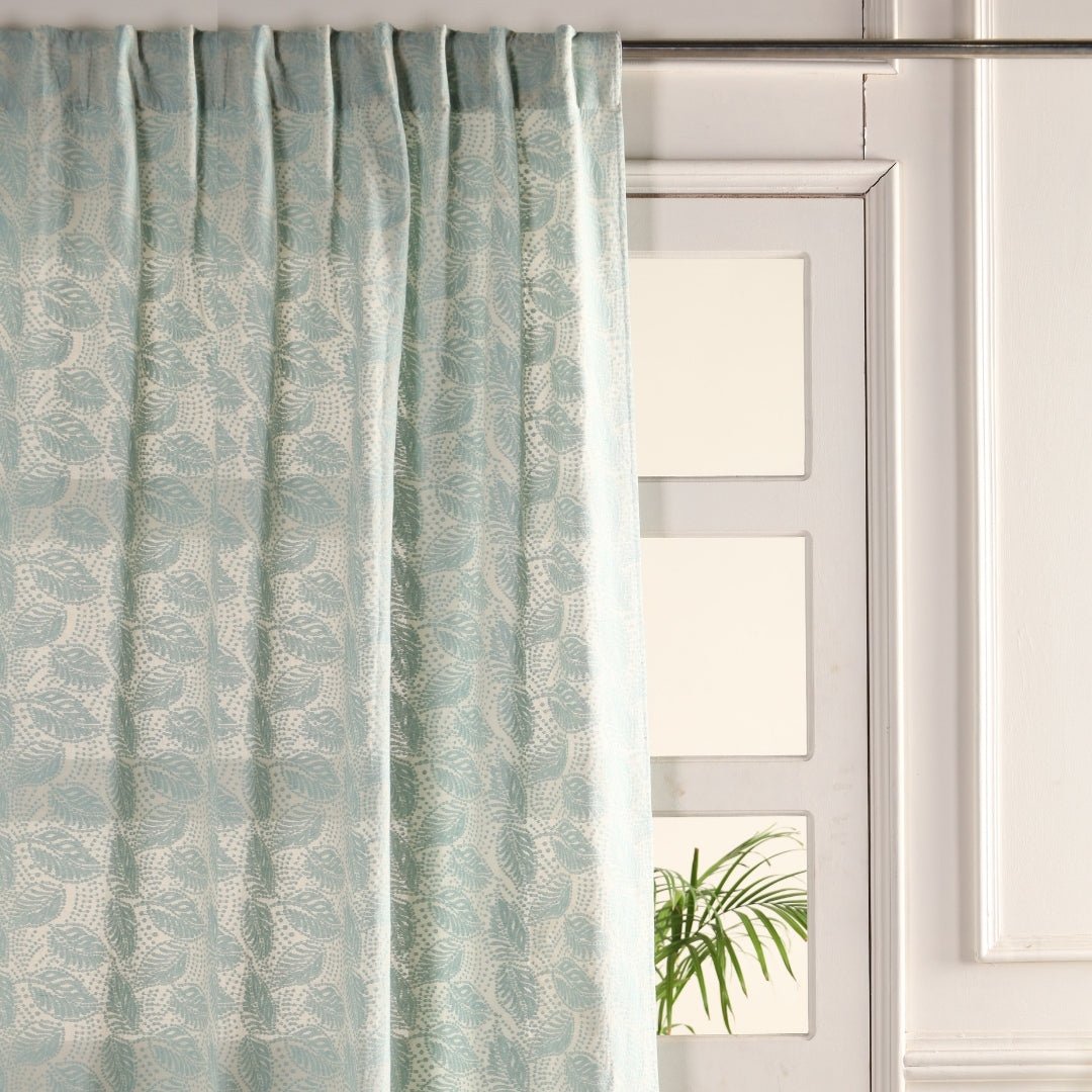 Cotton Semi Sheer Curtain | 5 Feet | Cutwork Summer Leaves Pattern | Handmade In India - 5 Feet / Pack Of 1 / Off White & Sky Blue