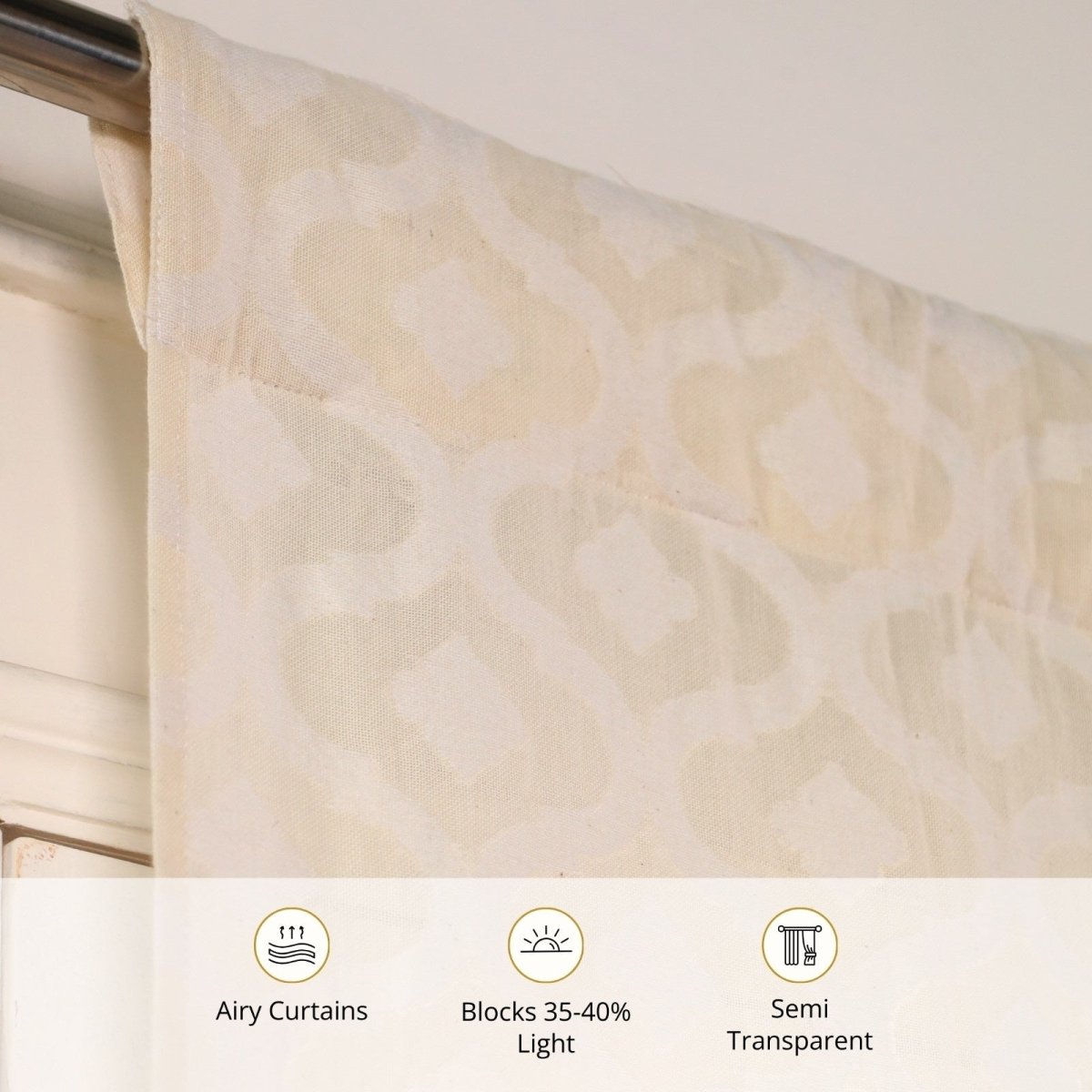 Cotton Semi Sheer Window Curtains 5 and 7 Feet Handwoven Beige and White Cutwork Handmade In India