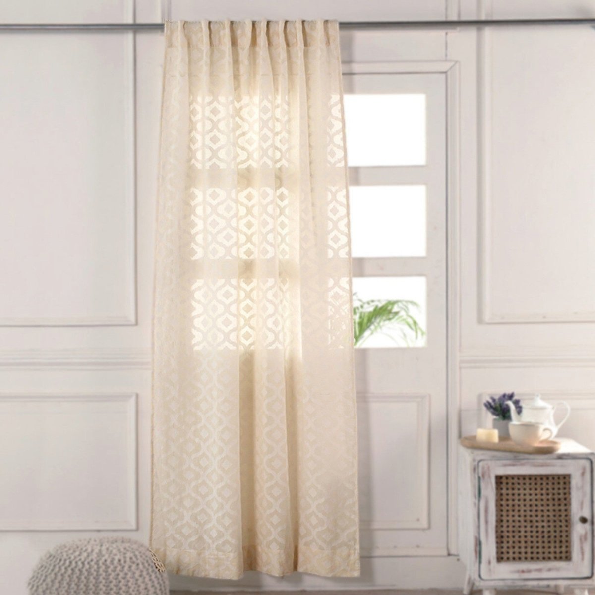 Cotton Semi Sheer Window Curtains 5 and 7 Feet Handwoven Beige and White Cutwork Handmade In India