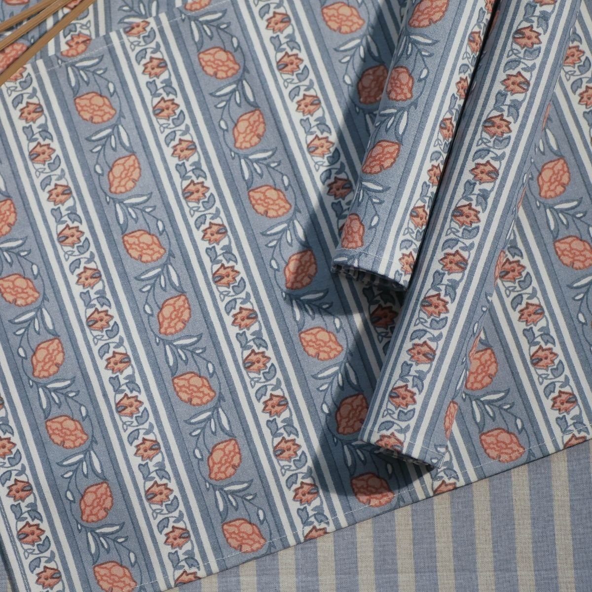 Floral Stripe Cotton Table Cloth & Table Mat in Blue and Dusty Pink | 4 & 6 Seater