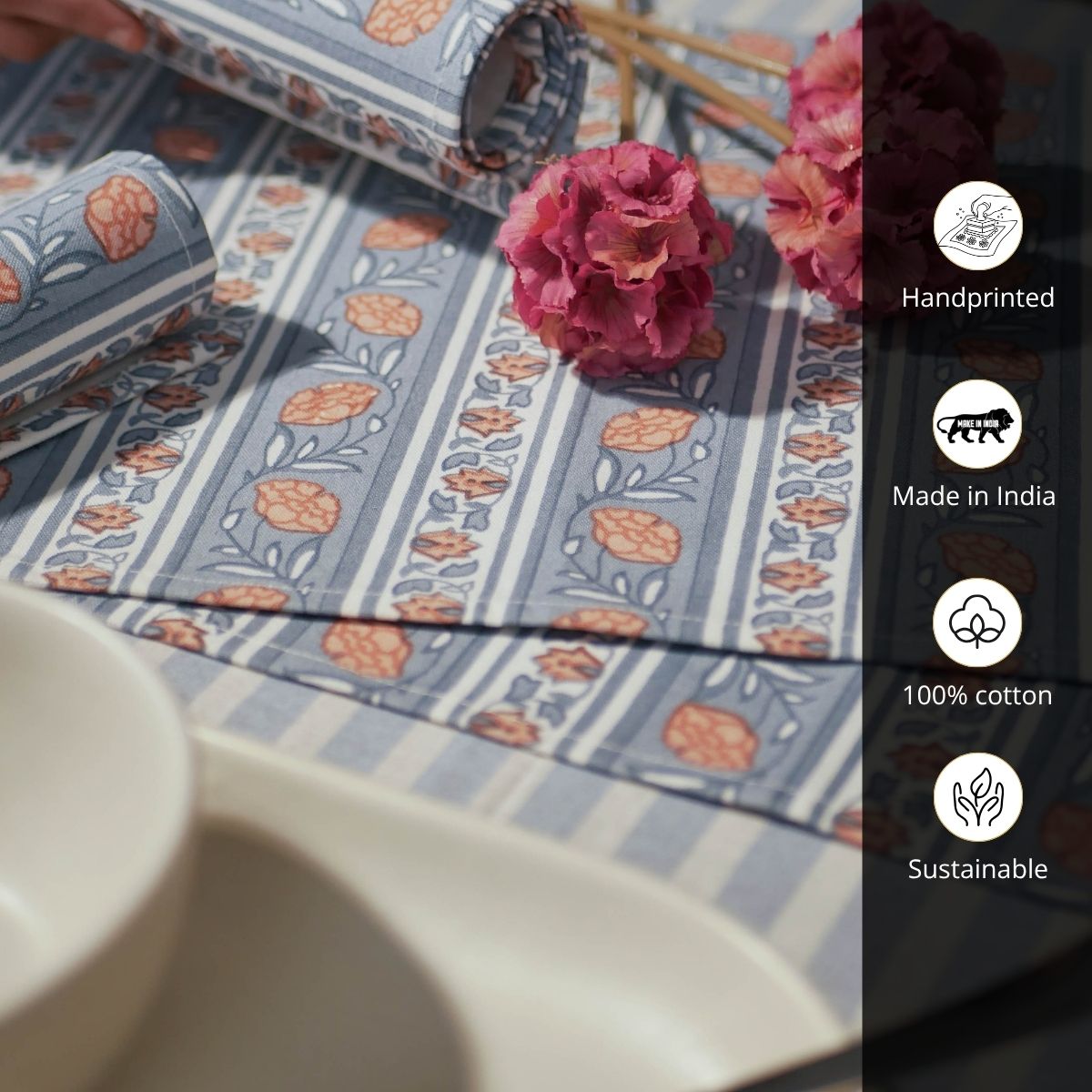 Floral Stripe Cotton Table Cloth & Table Mat in Blue and Dusty Pink | 4 & 6 Seater
