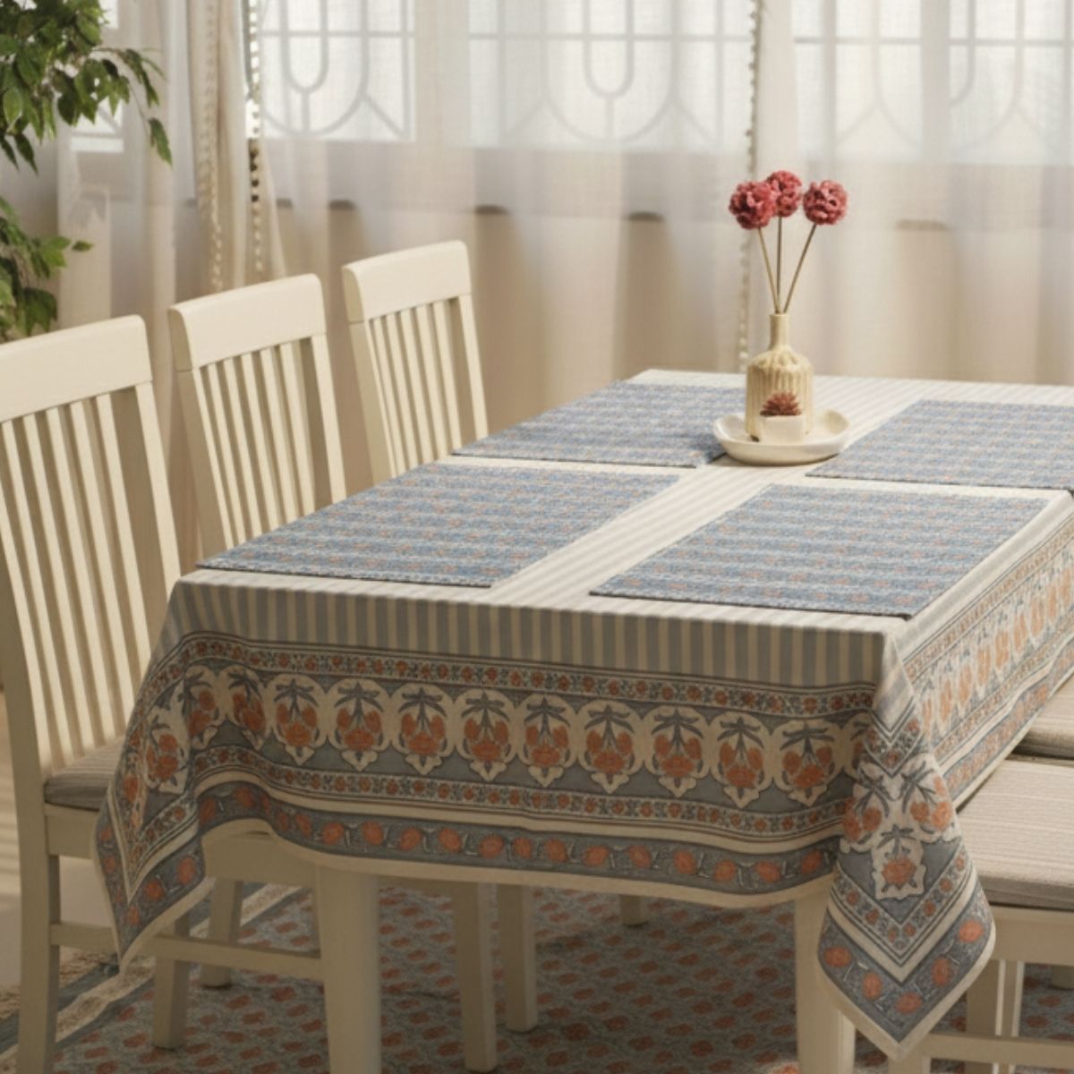 Floral Stripe Cotton Table Cloth & Table Mat in Blue and Dusty Pink | 4 & 6 Seater
