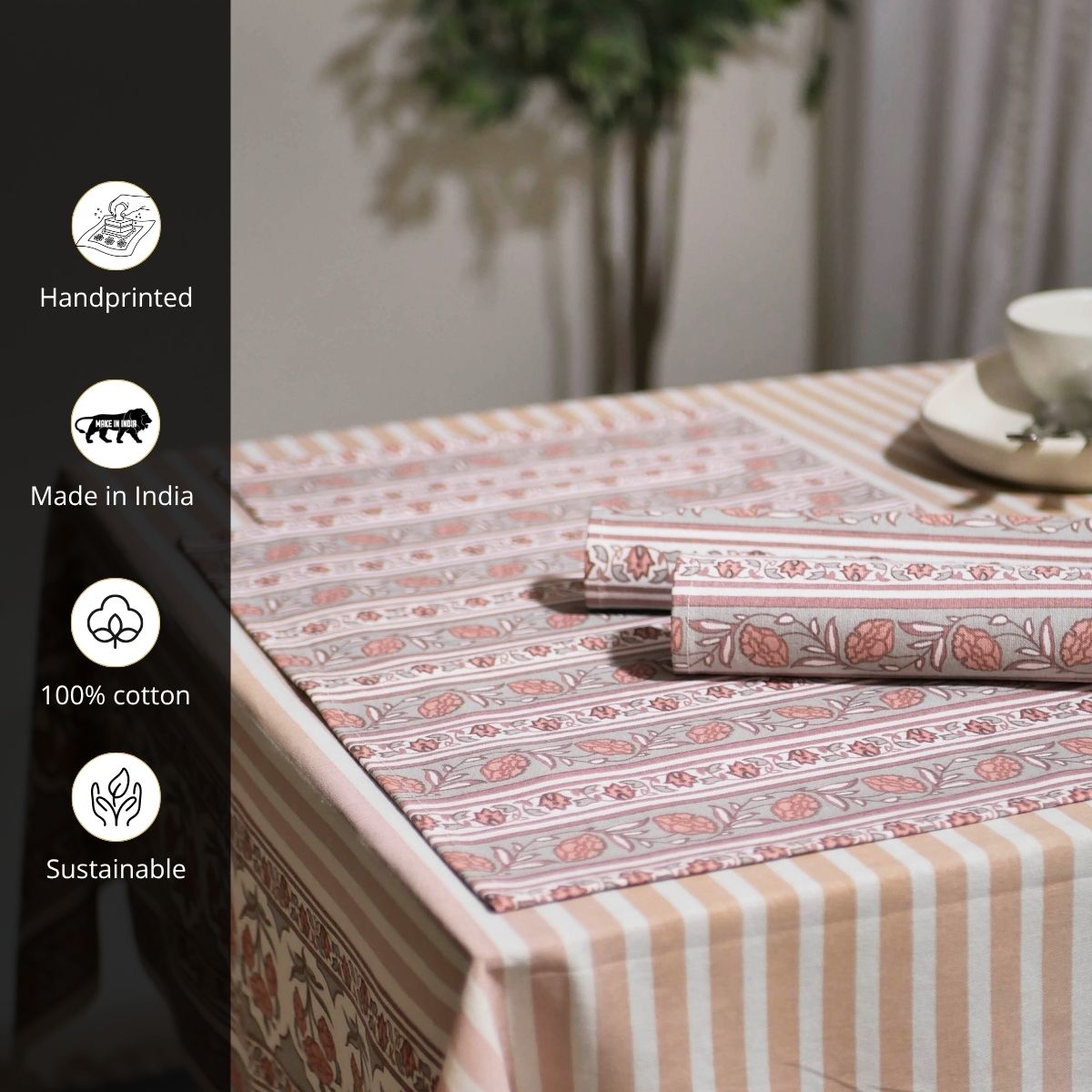 Floral Stripe Cotton Table Cloth & Table Mat in Dusty Pink & Off White | 4 & 6 Seater