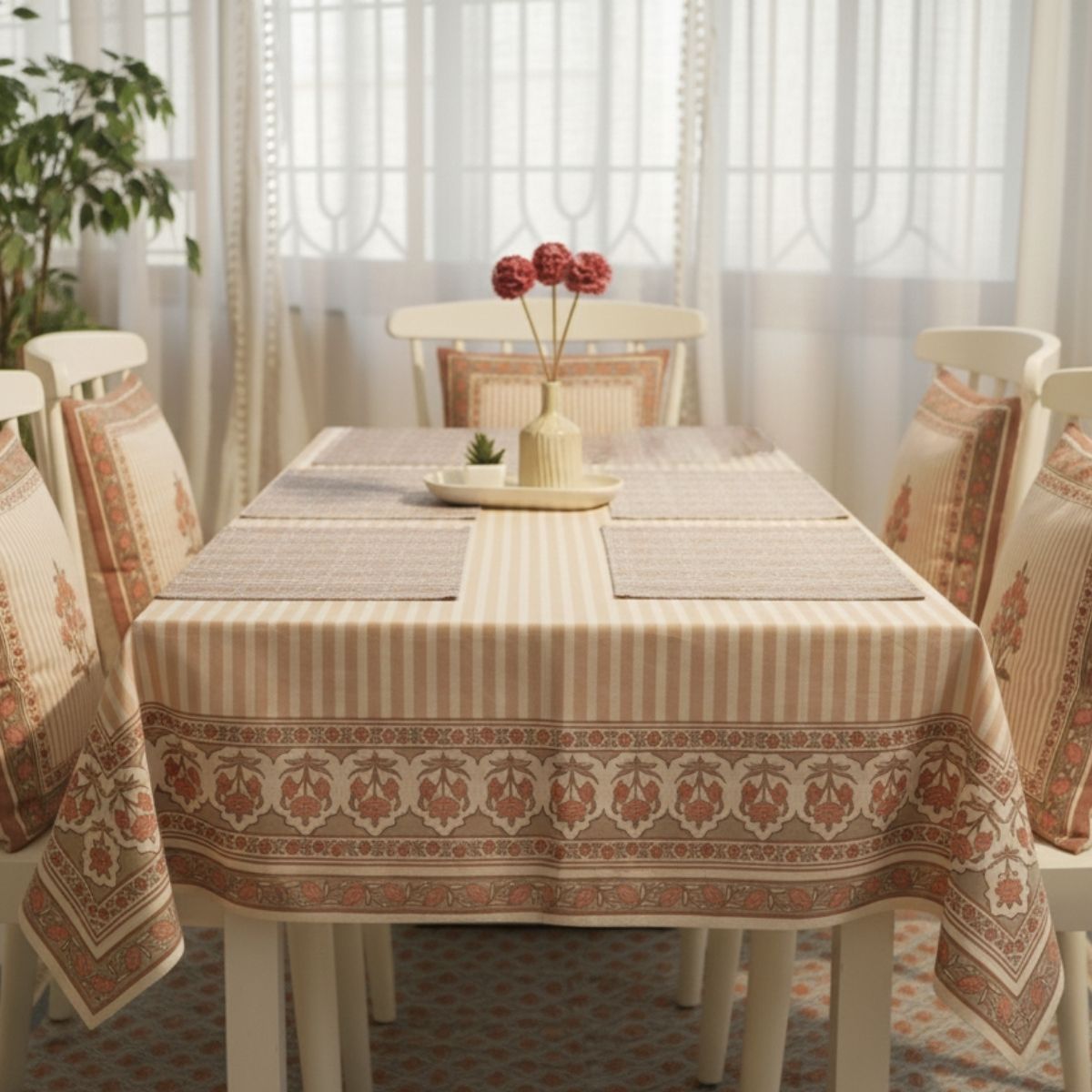 Floral Stripe Cotton Table Cloth & Table Mat in Dusty Pink & Off White | 4 & 6 Seater