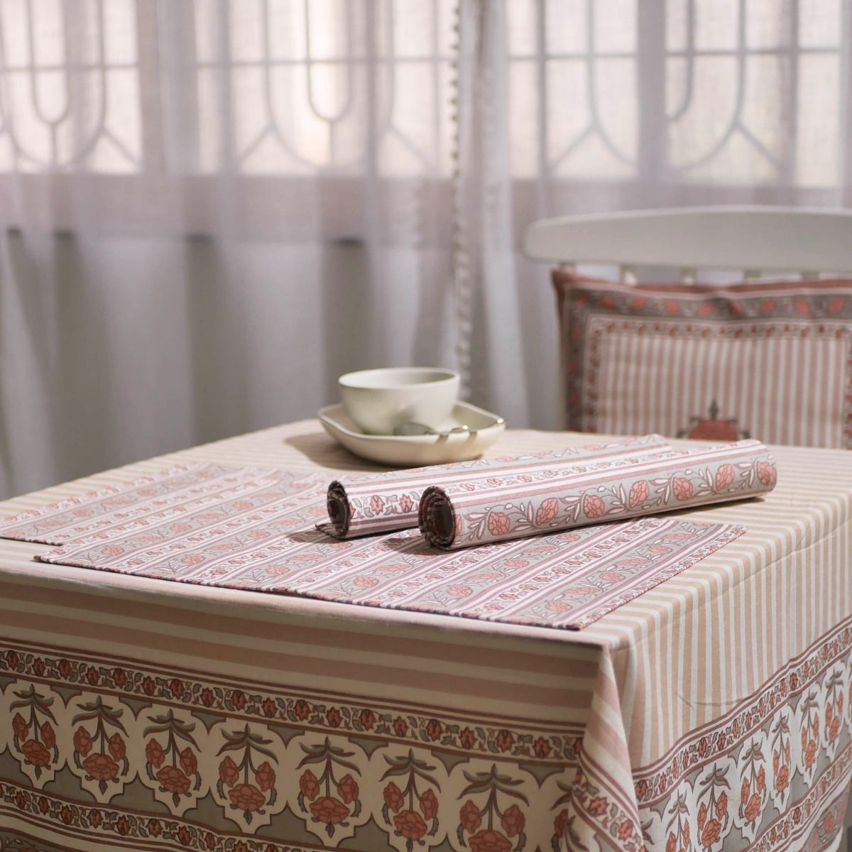 Floral Stripe Cotton Table Cloth & Table Mat in Dusty Pink & Off White | 4 & 6 Seater