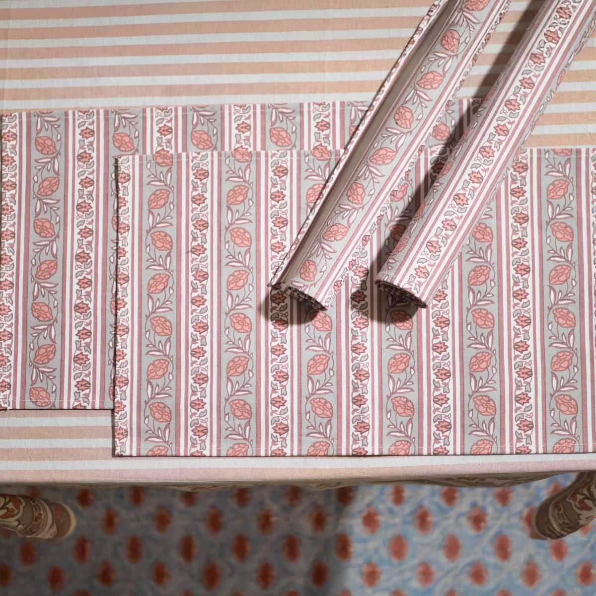 Floral Stripe Cotton Table Cloth & Table Mat in Dusty Pink & Off White | 4 & 6 Seater
