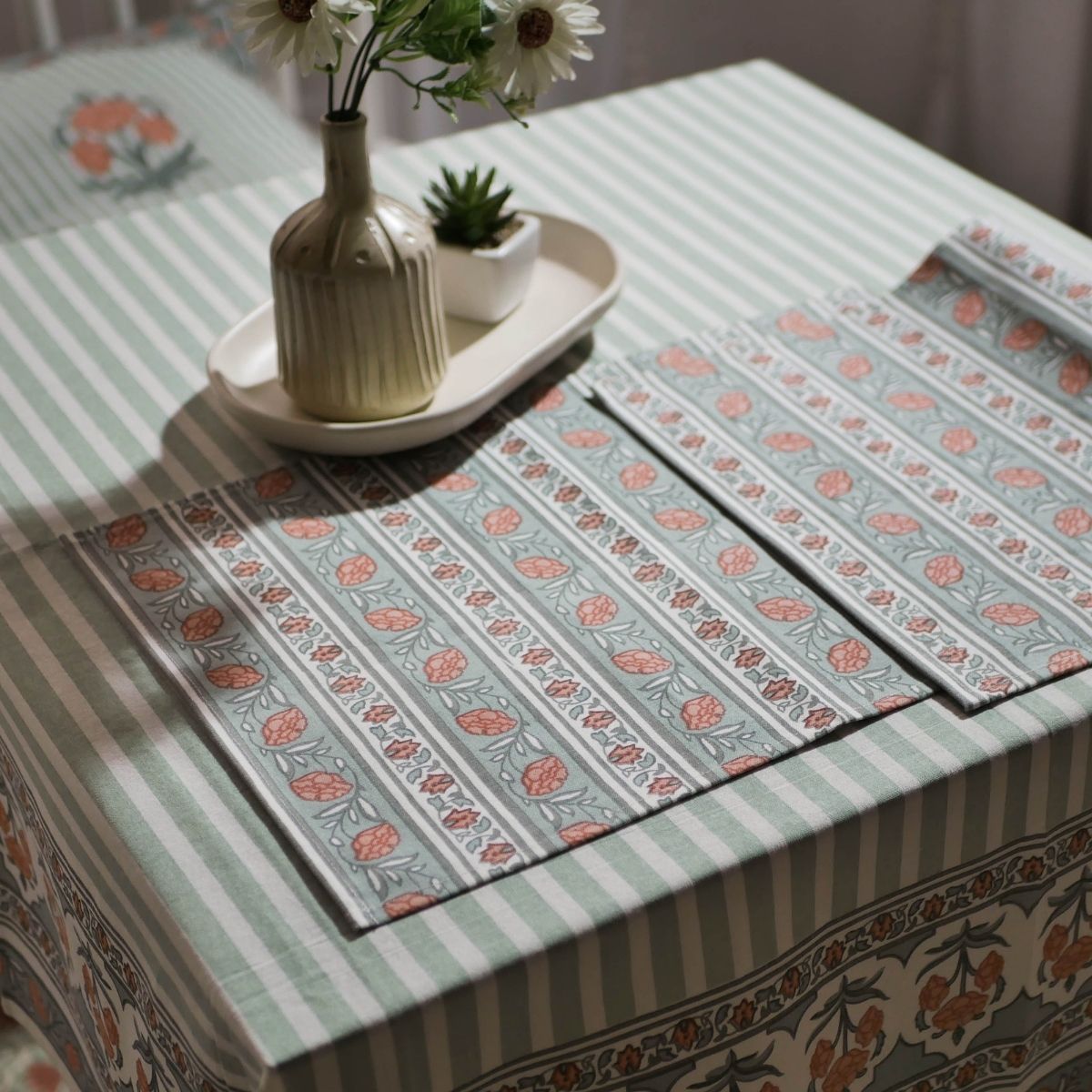 Floral Stripe Cotton Table Cloth & Table Mat in Green and Dusty Pink | 4 & 6 Seater