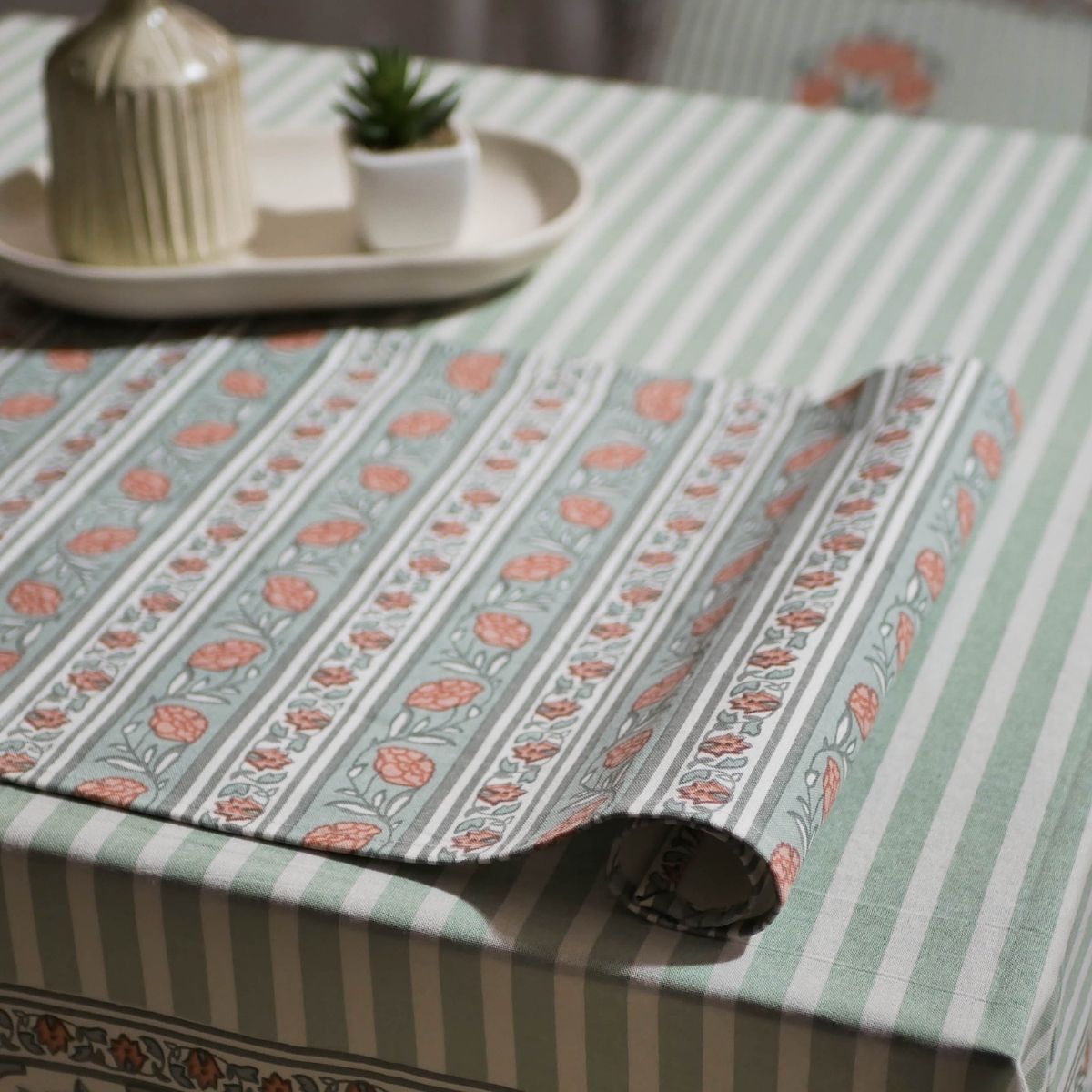 Floral Stripe Cotton Table Cloth & Table Mat in Green and Dusty Pink | 4 & 6 Seater