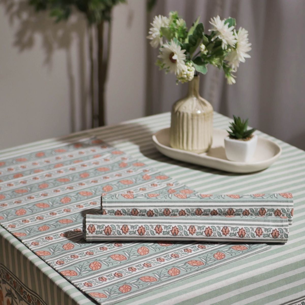 Floral Stripe Cotton Table Cloth & Table Mat in Green and Dusty Pink | 4 & 6 Seater