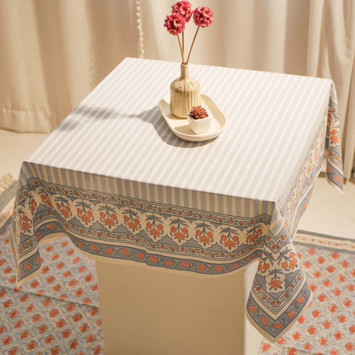 Blue and Dusty Pink Cotton Table Cloth | 4 and 6 Seater