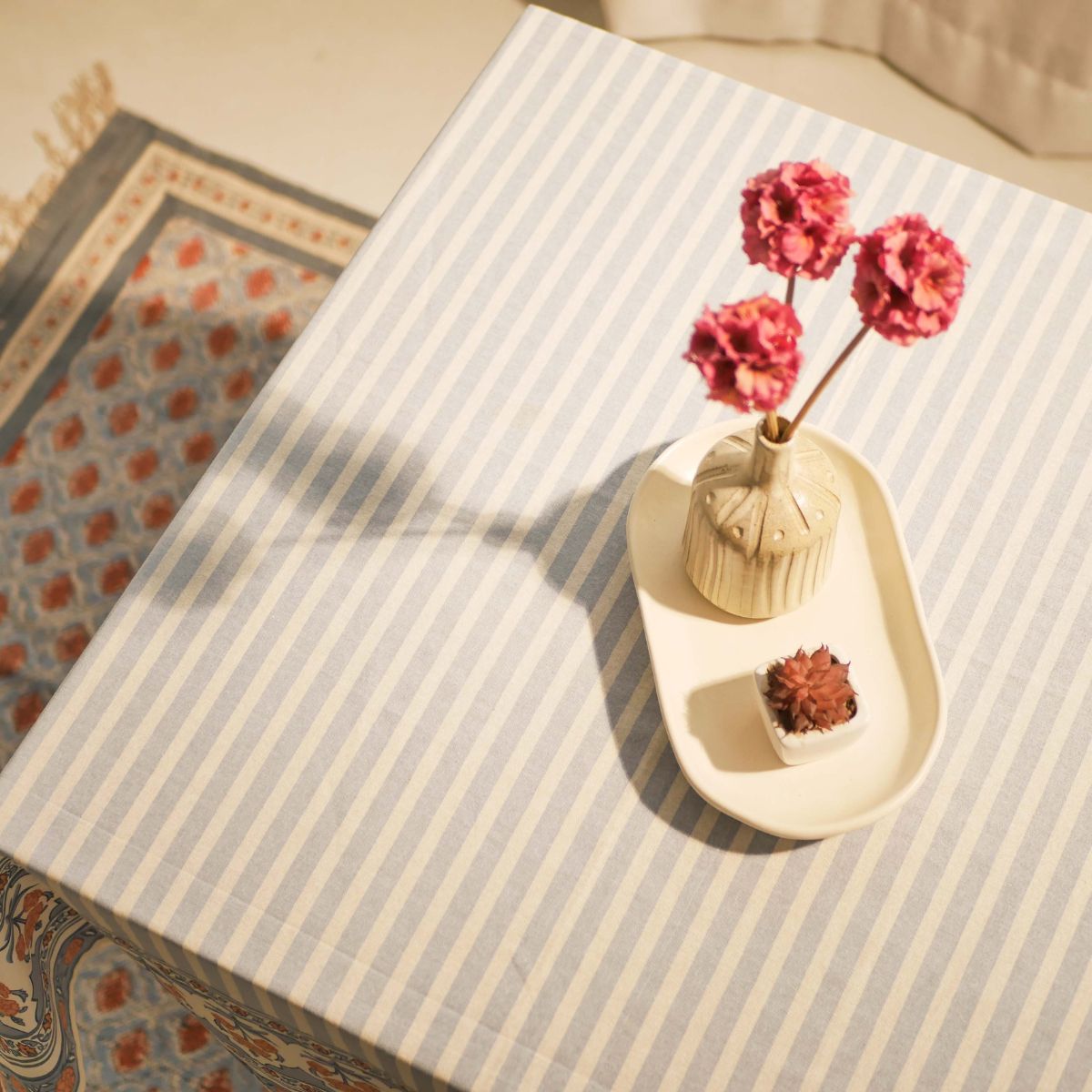 Blue and Dusty Pink Cotton Table Cloth | 4 and 6 Seater