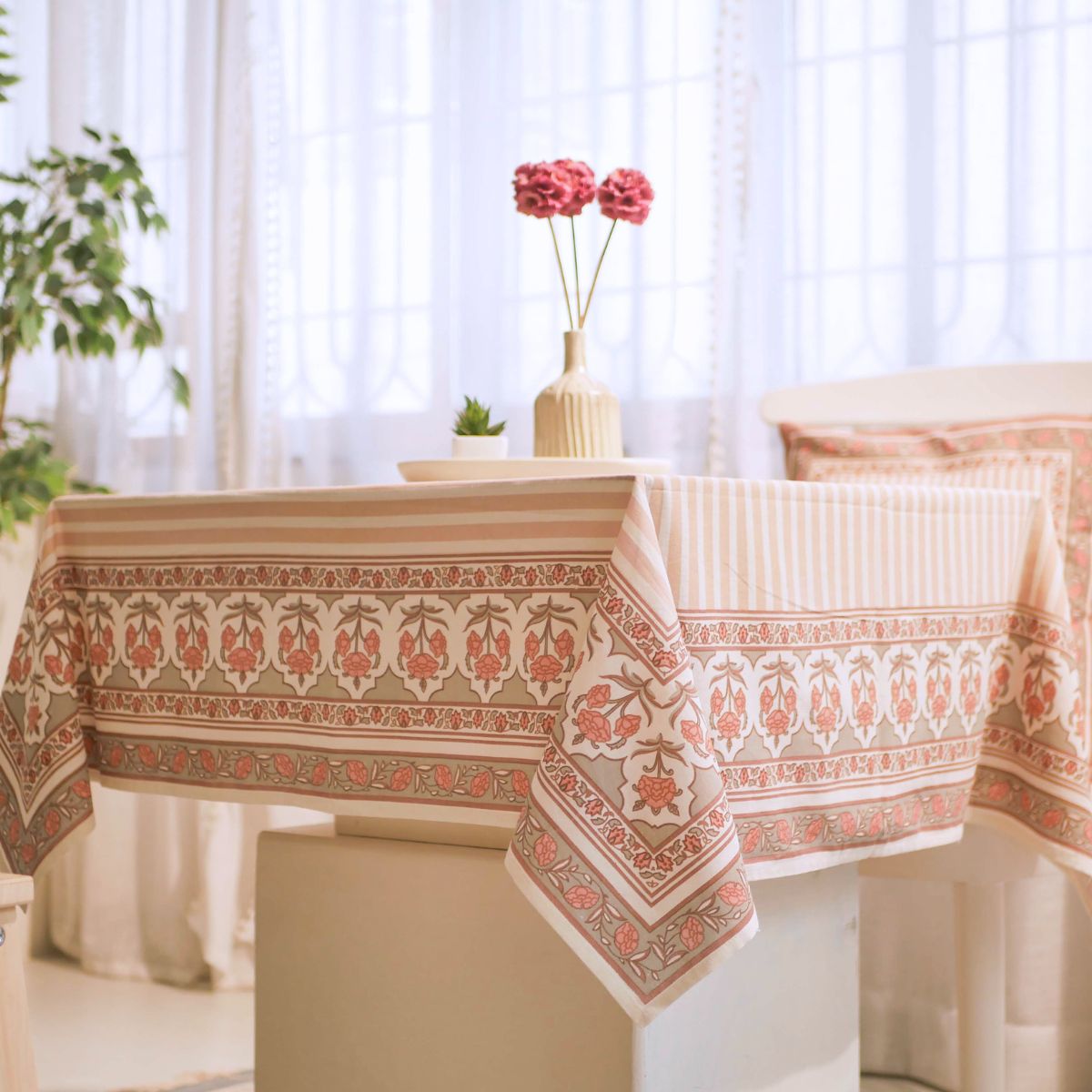 Dusty Pink and Off white Cotton Table Cloth | 4 and 6 Seater
