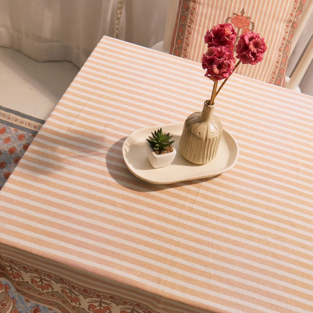 Dusty Pink and Off white Cotton Table Cloth | 4 and 6 Seater