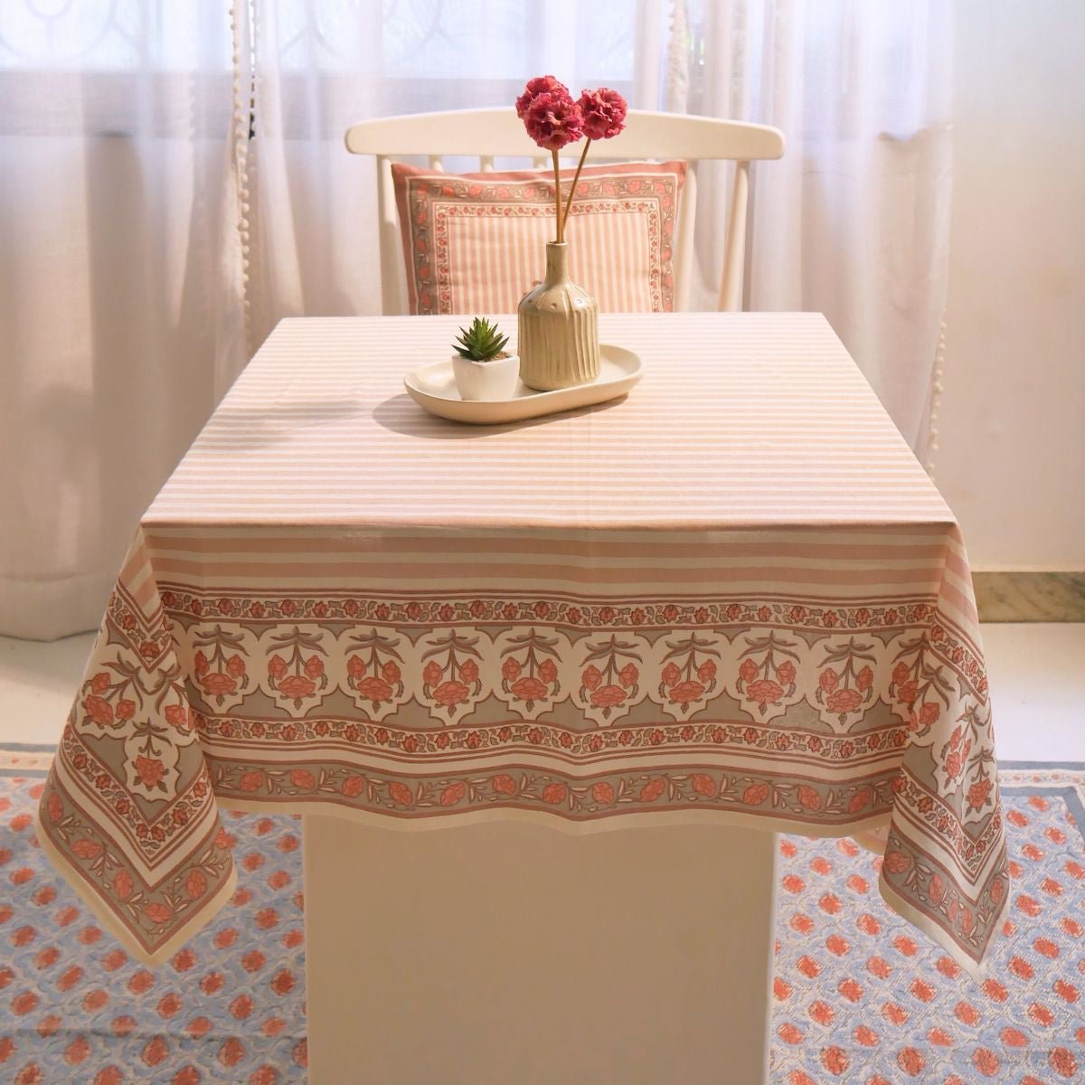 Dusty Pink and Off white Cotton Table Cloth | 4 and 6 Seater