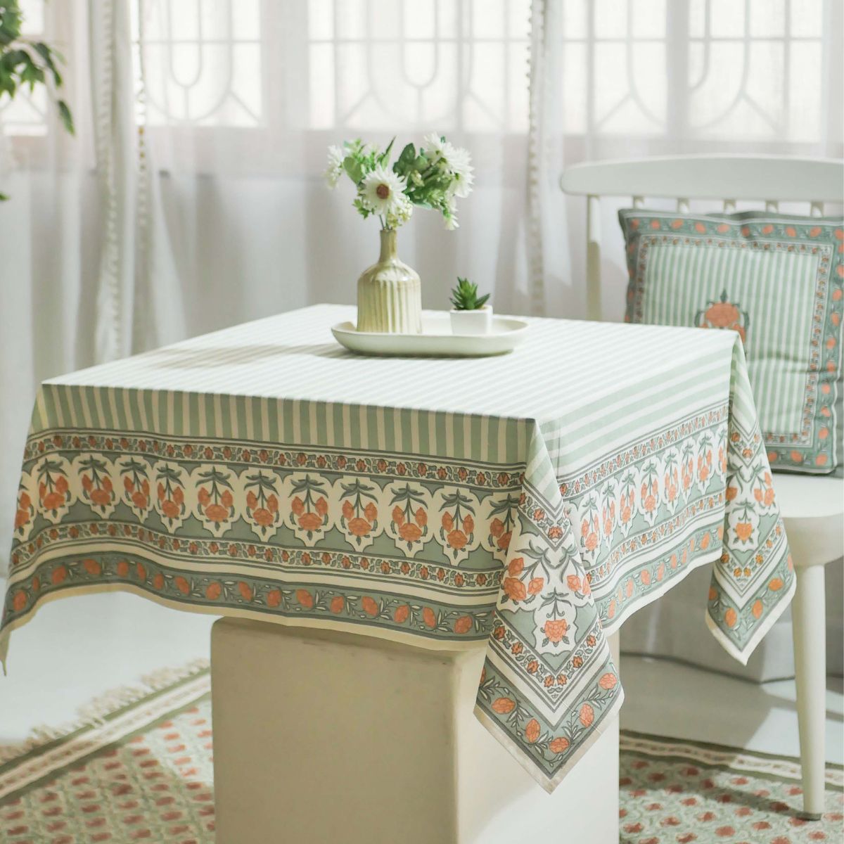 Green and Dusty Pink Cotton Table Cloth | 4 and 6 Seater
