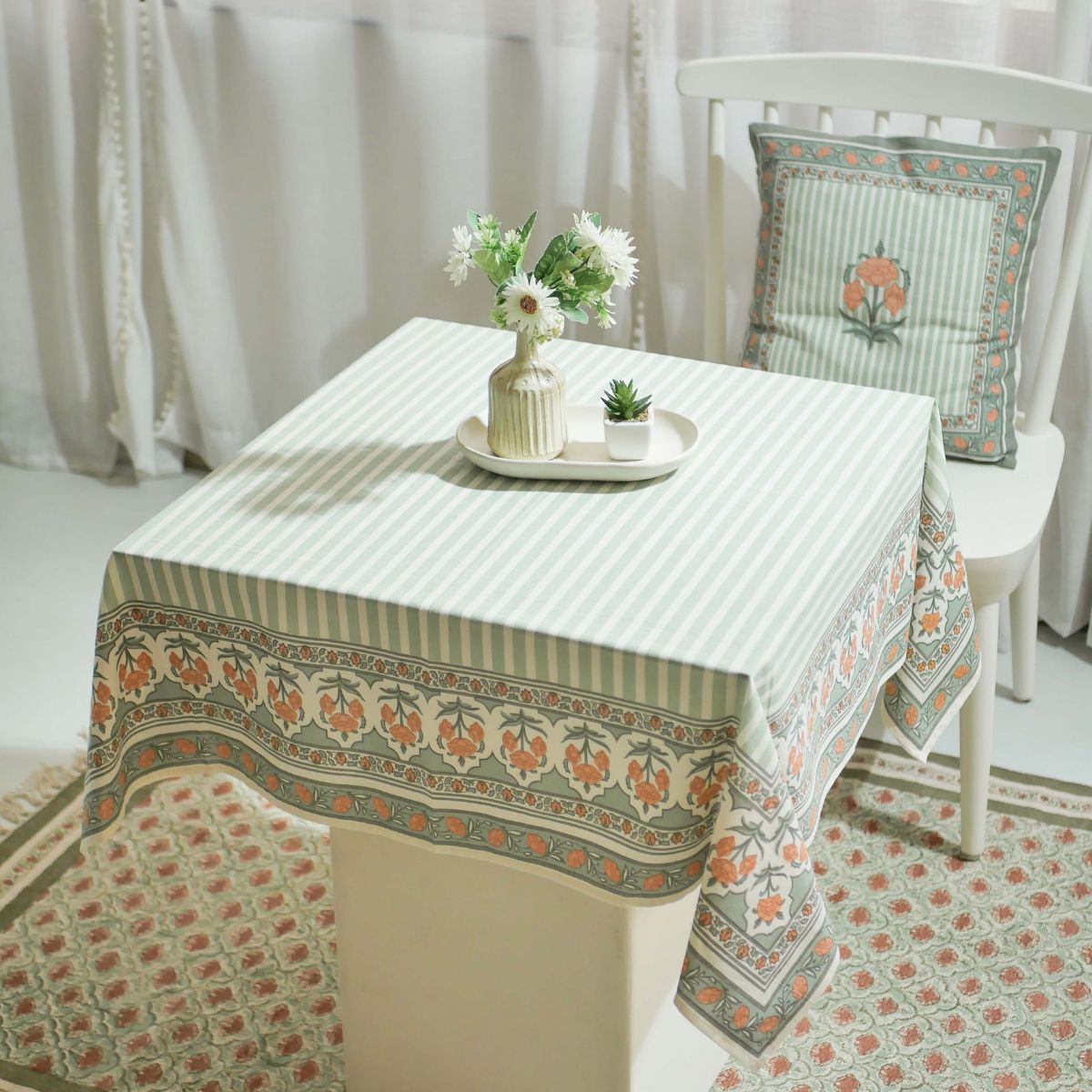 Green and Dusty Pink Cotton Table Cloth | 4 and 6 Seater