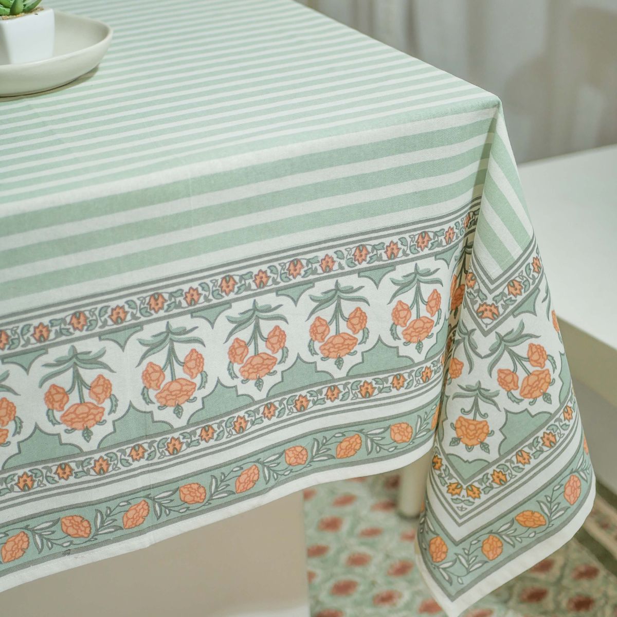 Green and Dusty Pink Cotton Table Cloth | 4 and 6 Seater