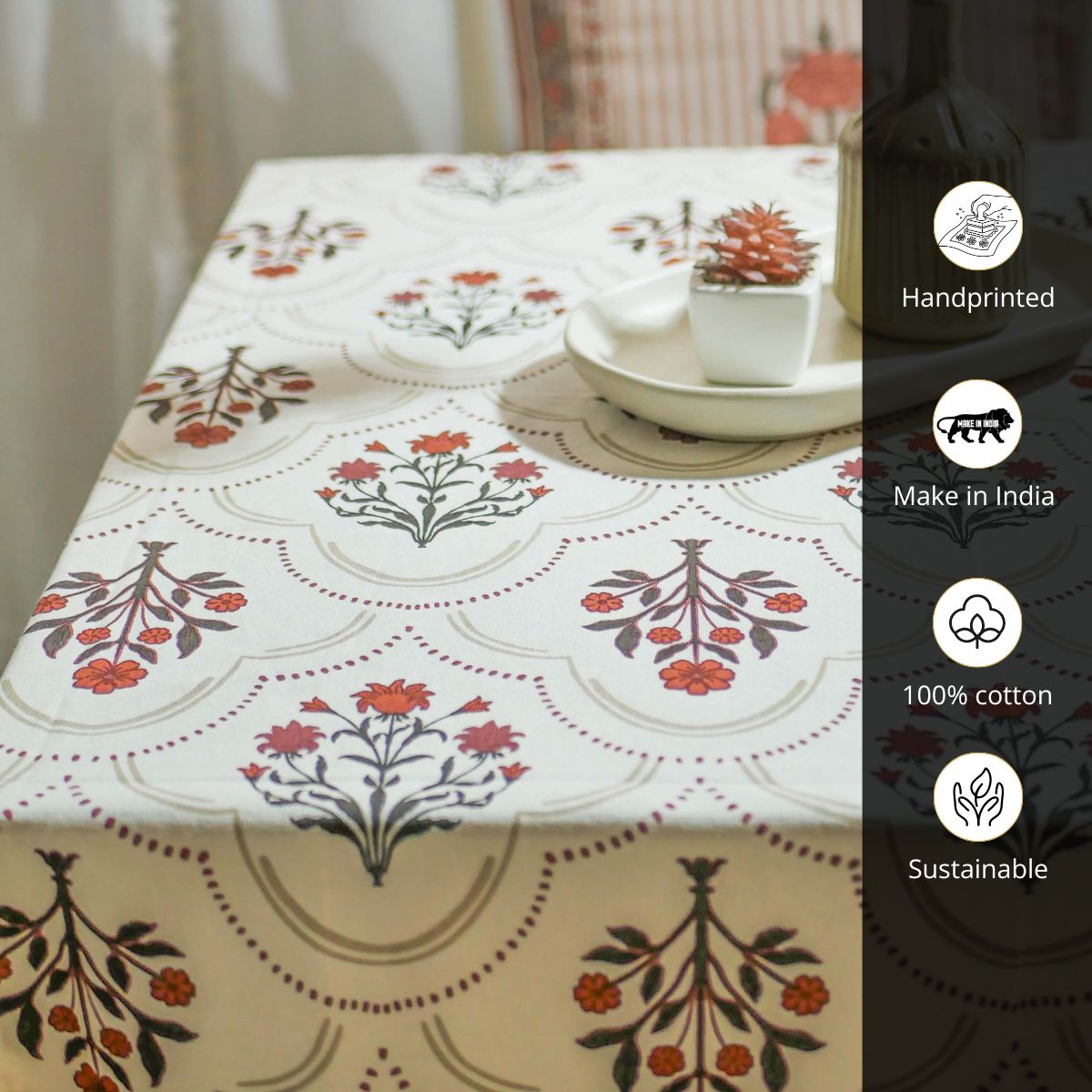 Rust and Maroon Cotton Table Cloth | 4 and 6 Seater | Ornate Floral design