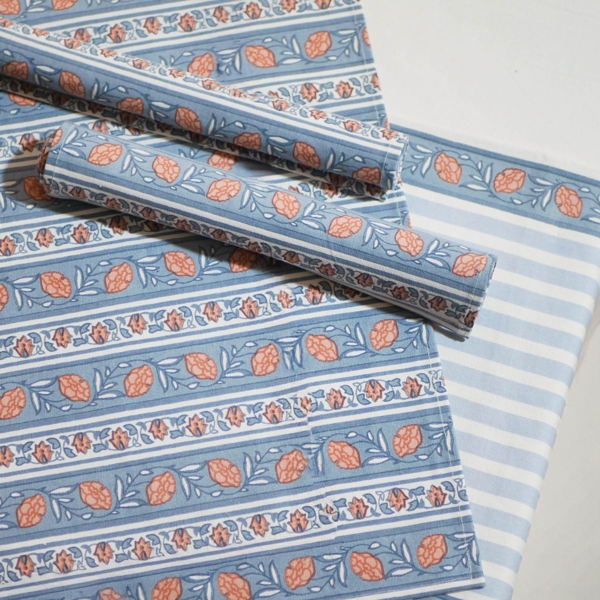 Cotton Dining Table runner and Table Mat in Blue and Dusty Pink | Set of 4 and 6