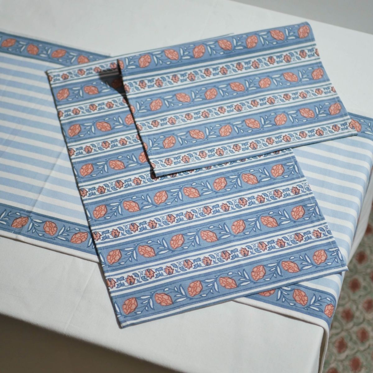 Cotton Dining Table runner and Table Mat in Blue and Dusty Pink | Set of 4 and 6